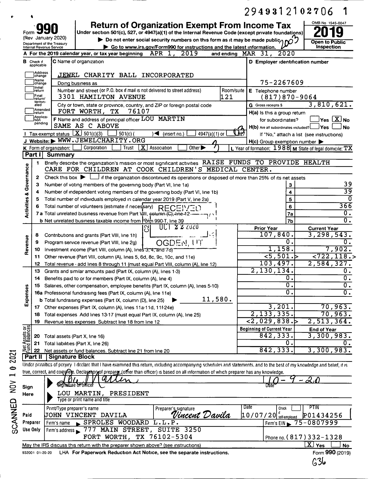 Image of first page of 2019 Form 990 for Jewel Charity Ball Incorporated