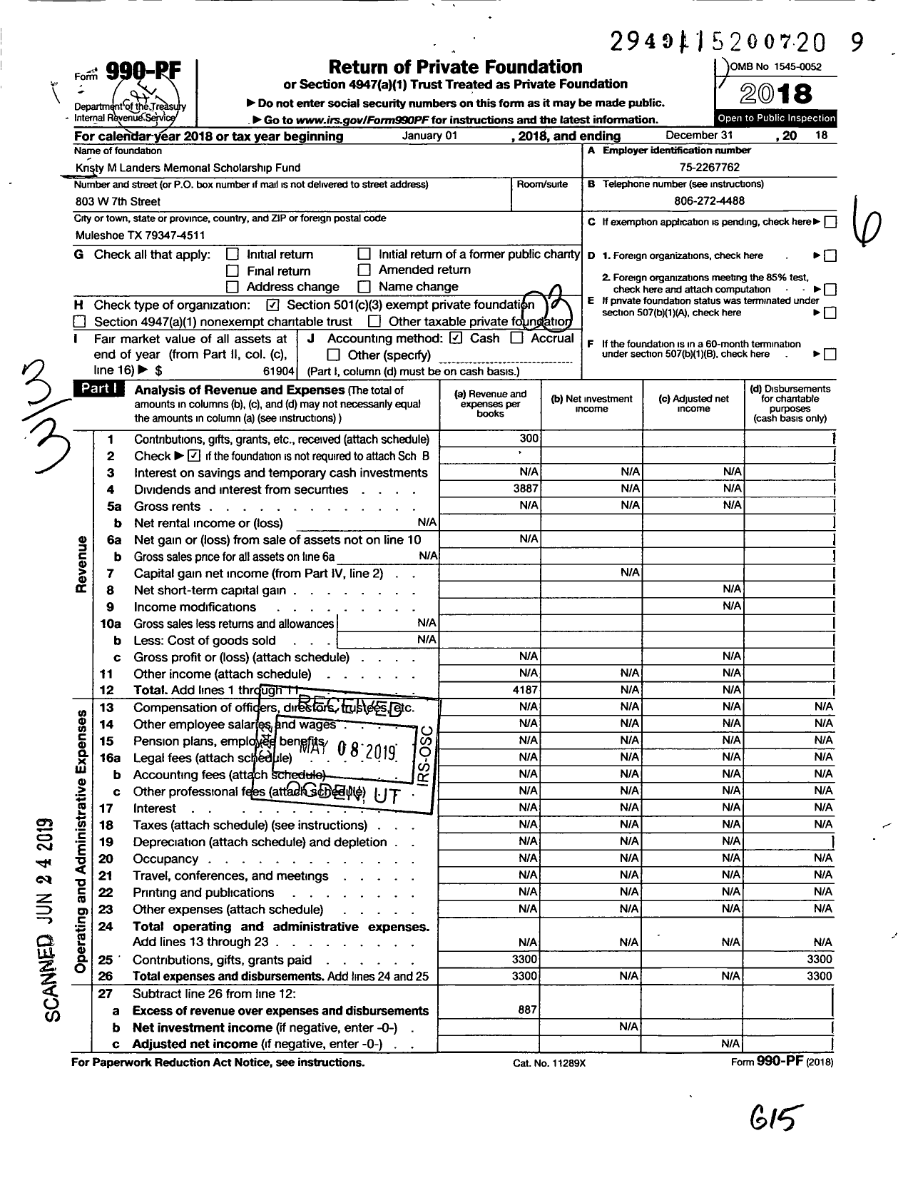 Image of first page of 2018 Form 990PF for Kristy M Landers Memorial Scholarship Fund