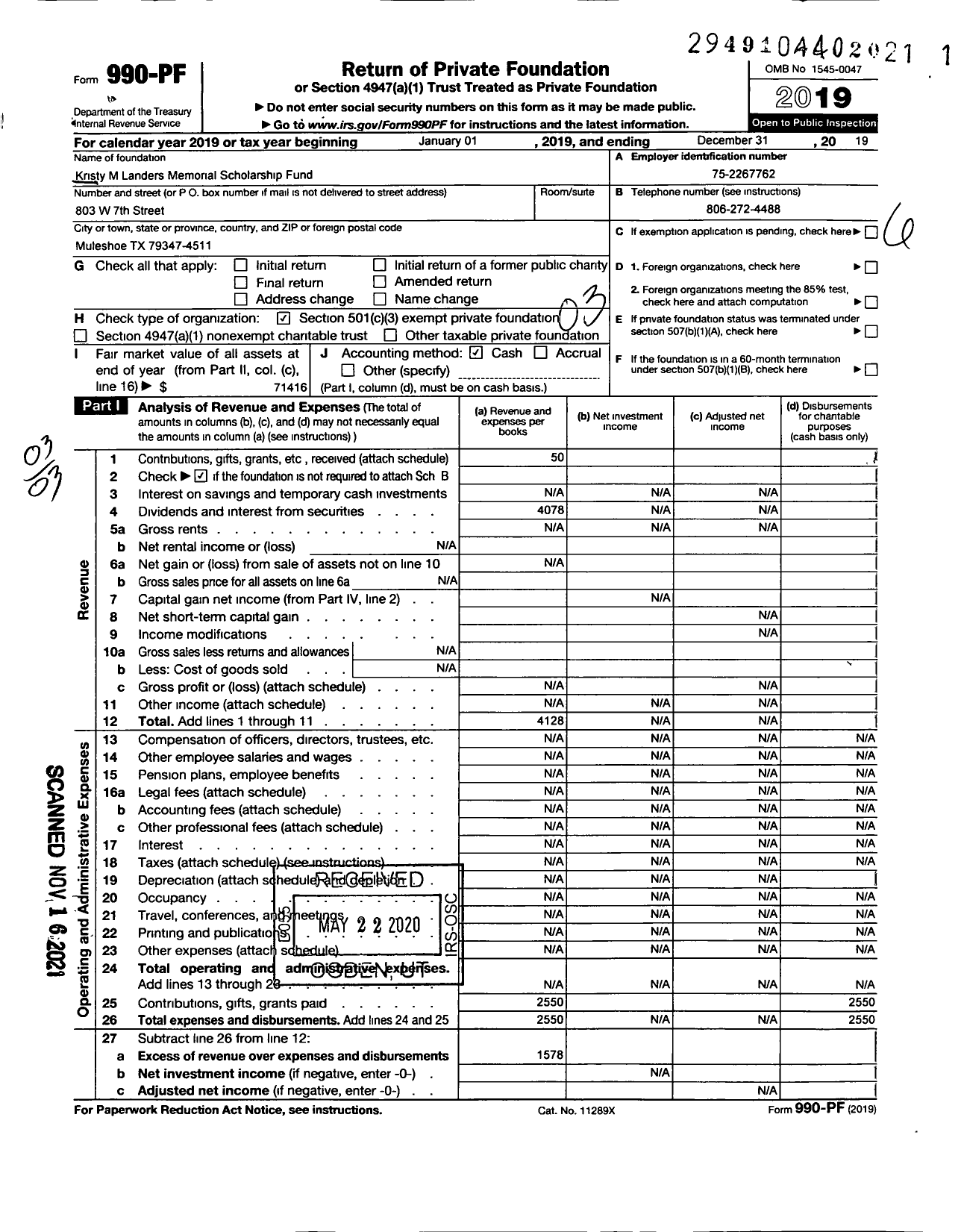 Image of first page of 2019 Form 990PF for Kristy M Landers Memorial Scholarship Fund