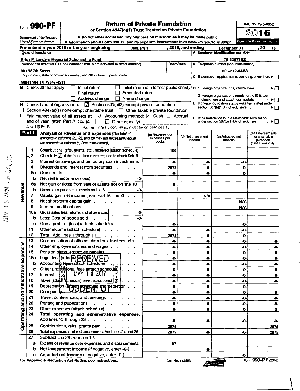 Image of first page of 2016 Form 990PF for Kristy M Landers Memorial Scholarship Fund