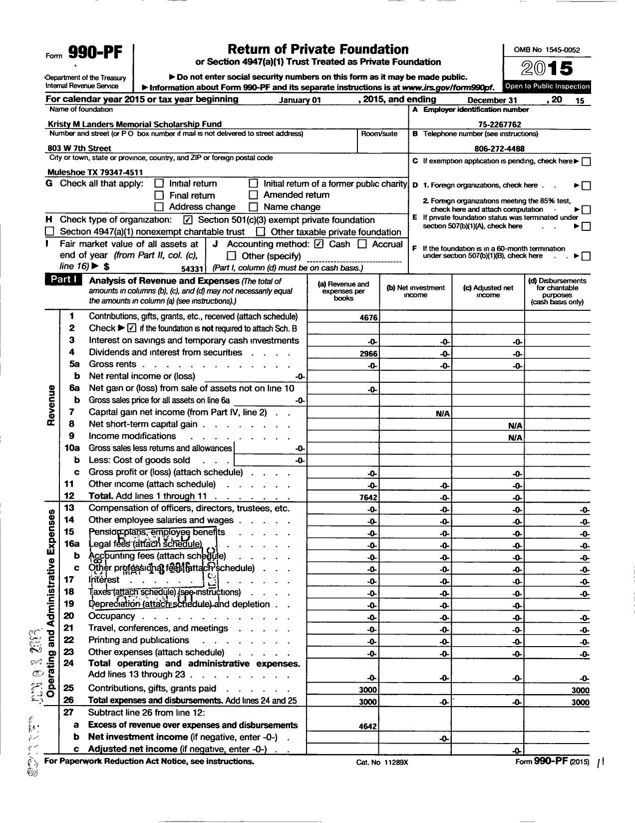 Image of first page of 2015 Form 990PF for Kristy M Landers Memorial Scholarship Fund