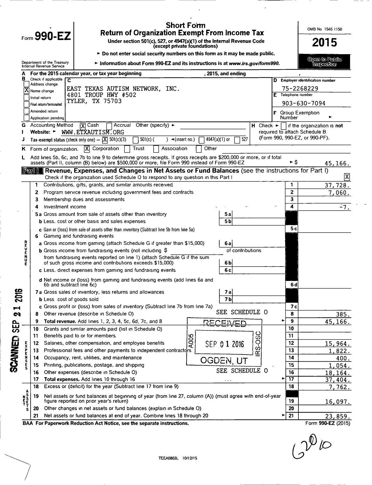 Image of first page of 2015 Form 990EZ for East Texas Autism Network