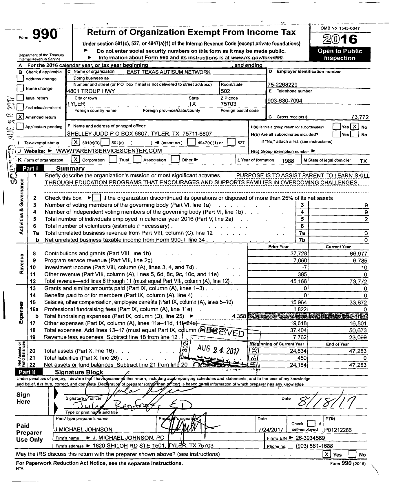 Image of first page of 2016 Form 990 for East Texas Autism Network