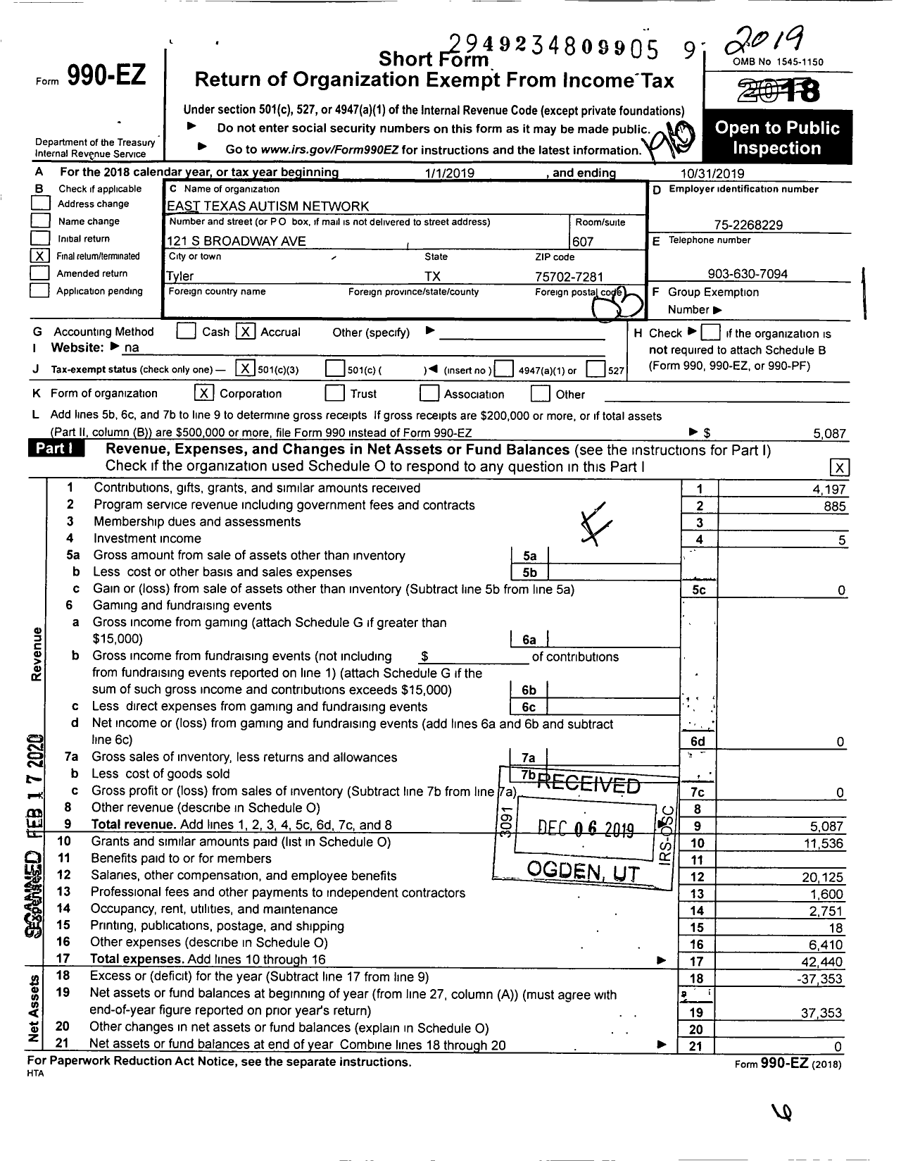 Image of first page of 2018 Form 990EZ for East Texas Autism Network