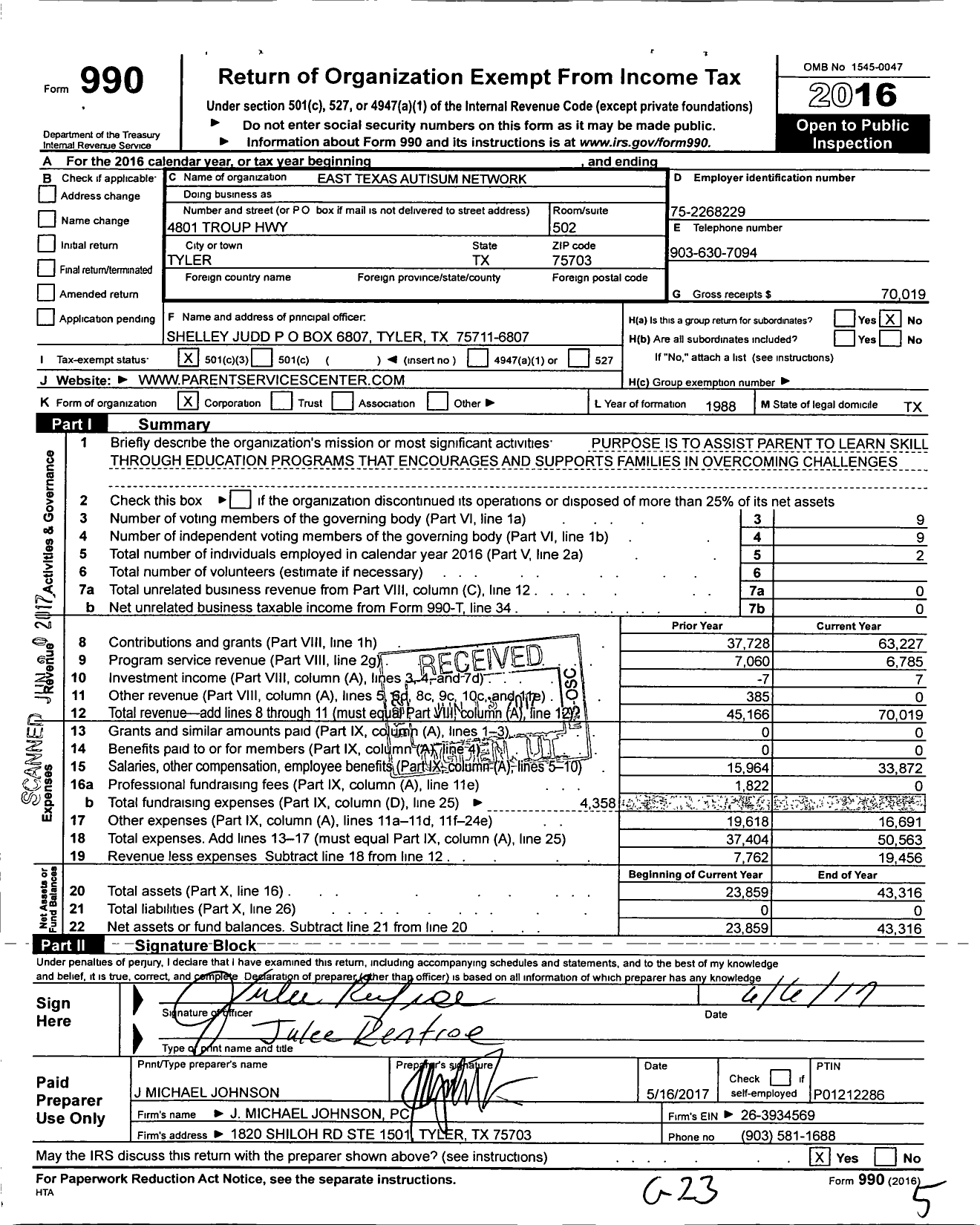 Image of first page of 2016 Form 990 for East Texas Autism Network