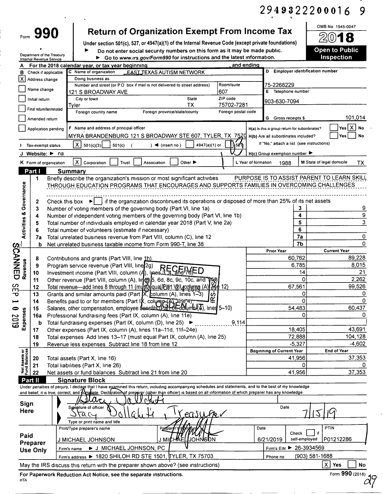 Image of first page of 2018 Form 990 for East Texas Autism Network