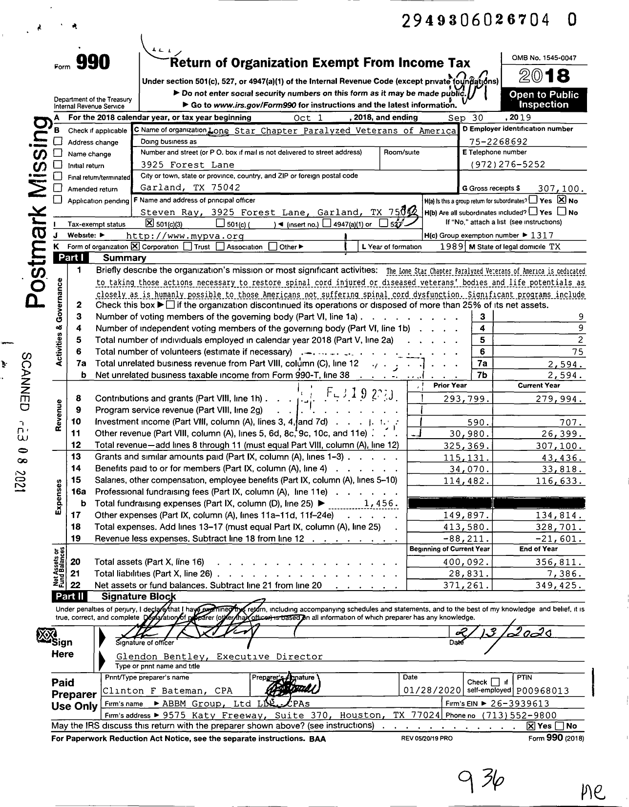 Image of first page of 2018 Form 990 for Lone Star Chapter Paralyzed Veterans of America
