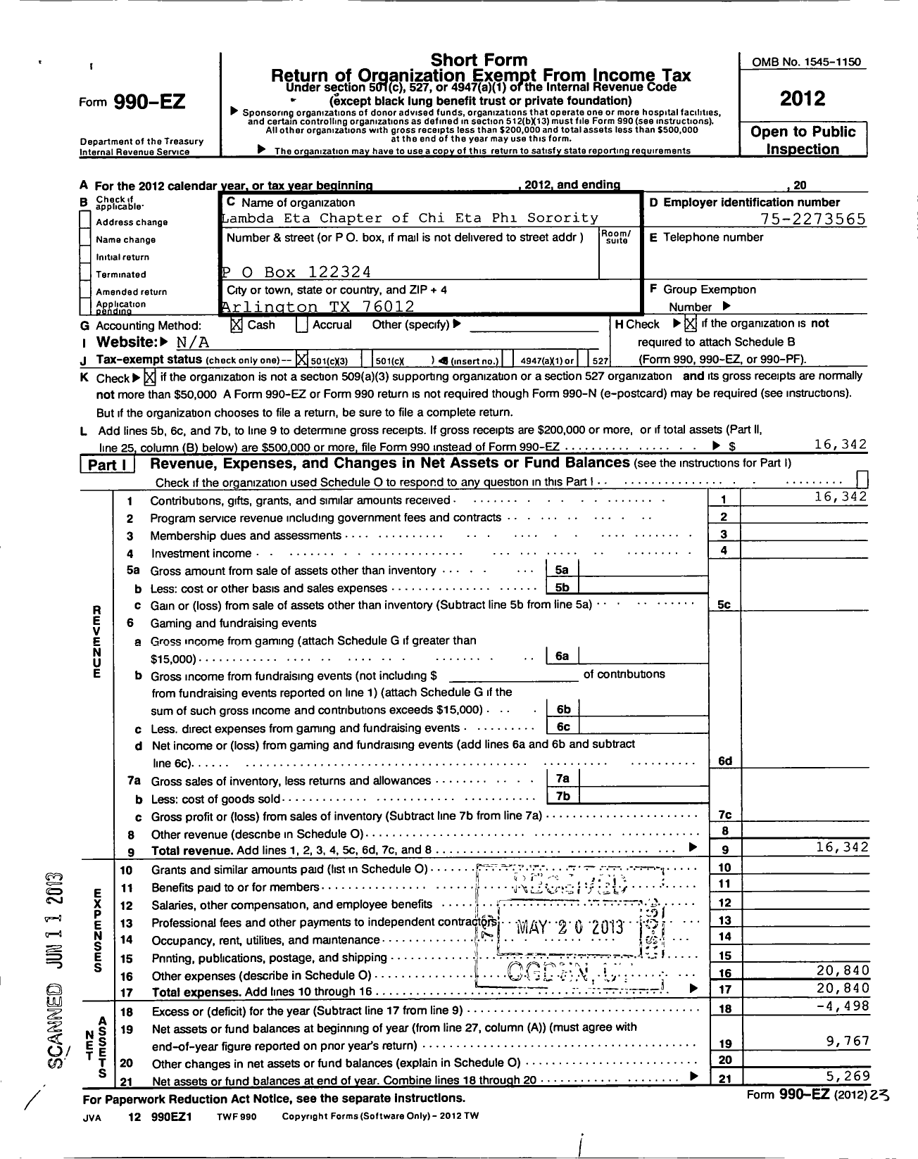 Image of first page of 2012 Form 990EZ for Lambda Eta Chapter Chi Eta Phi Sorority Incorporated