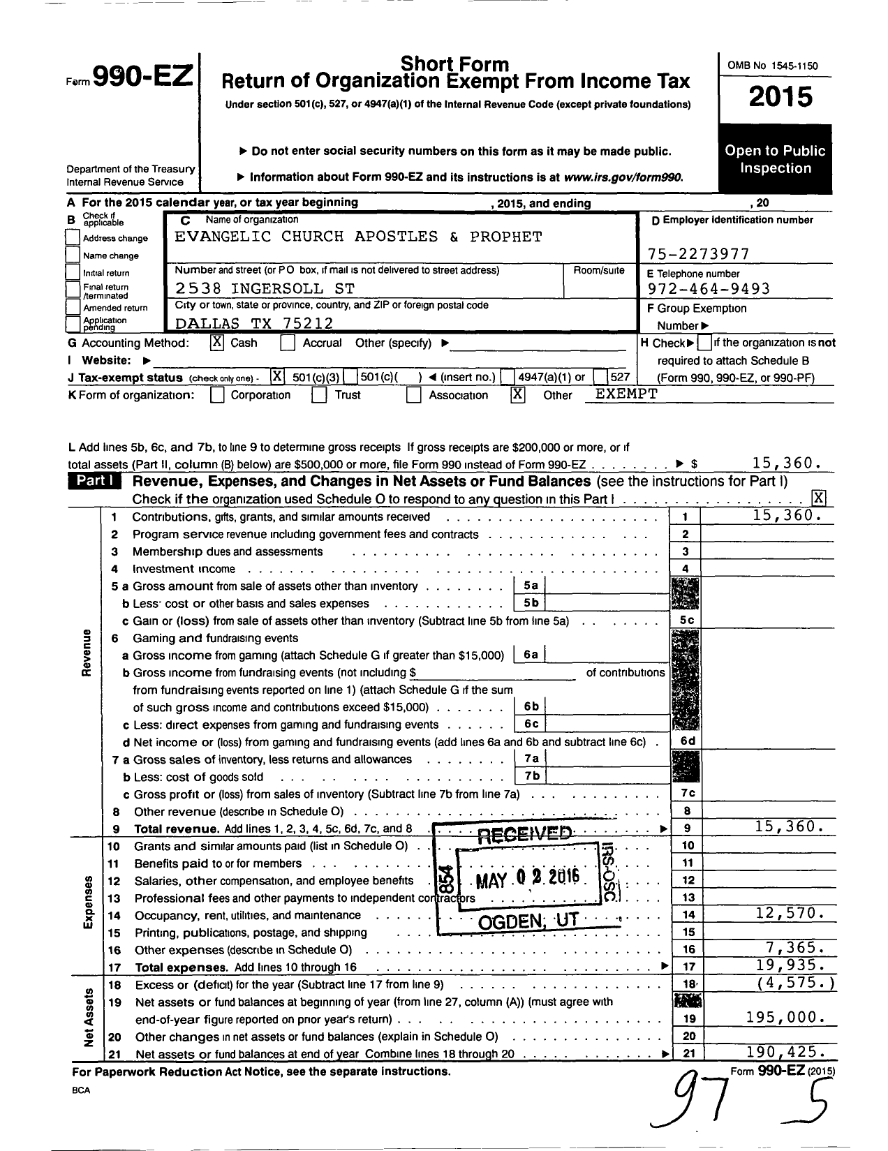 Image of first page of 2015 Form 990EZ for Evangelic Church of Apostles