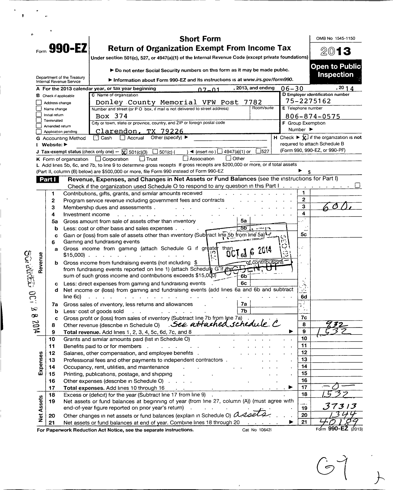 Image of first page of 2013 Form 990EZ for Texas VFW - 7782 Donley County Memorial