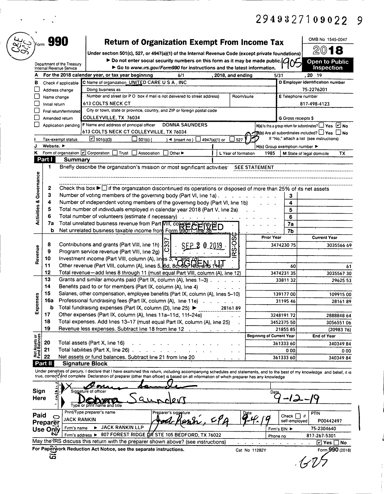 Image of first page of 2018 Form 990 for United Care USA