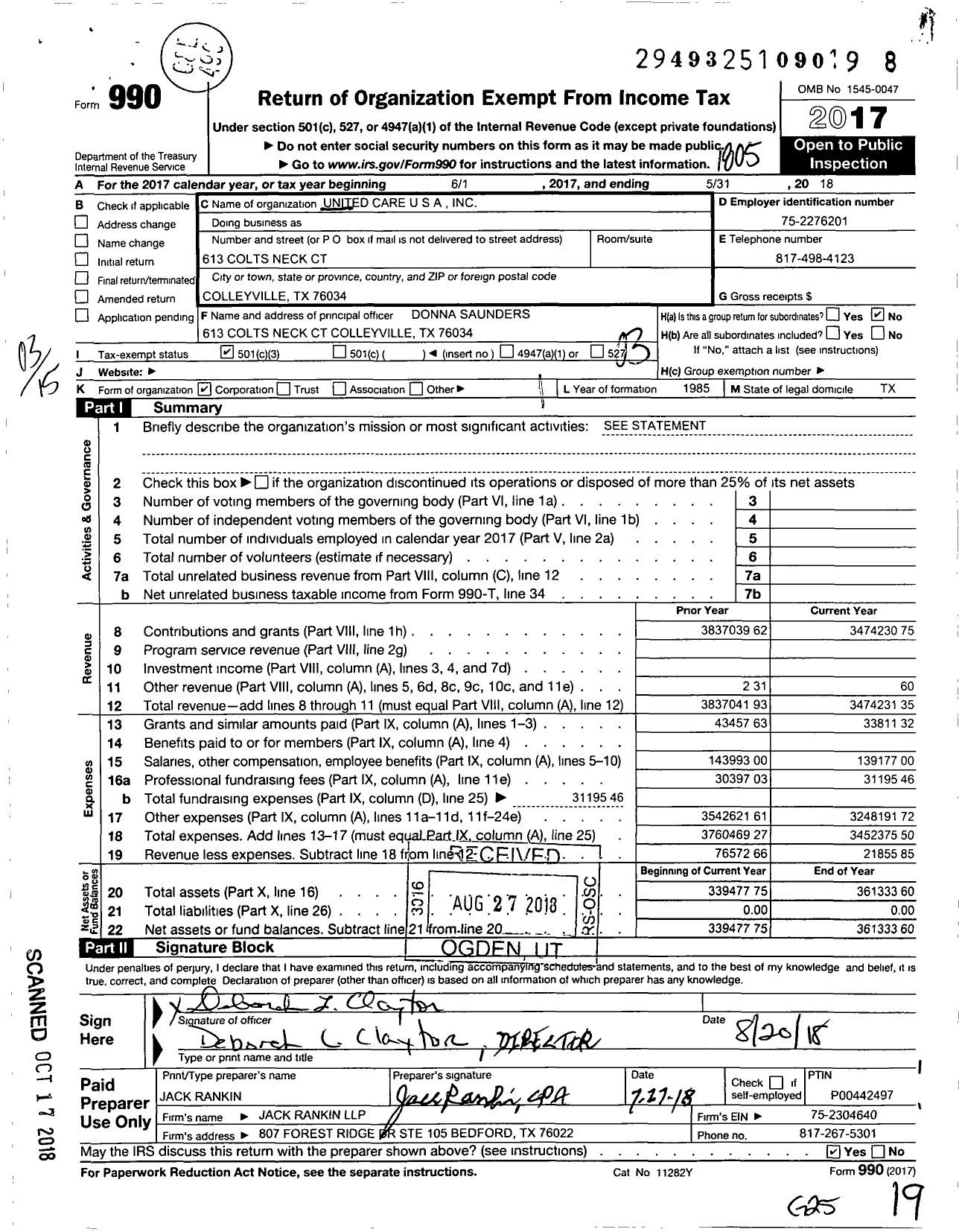 Image of first page of 2017 Form 990 for United Care USA