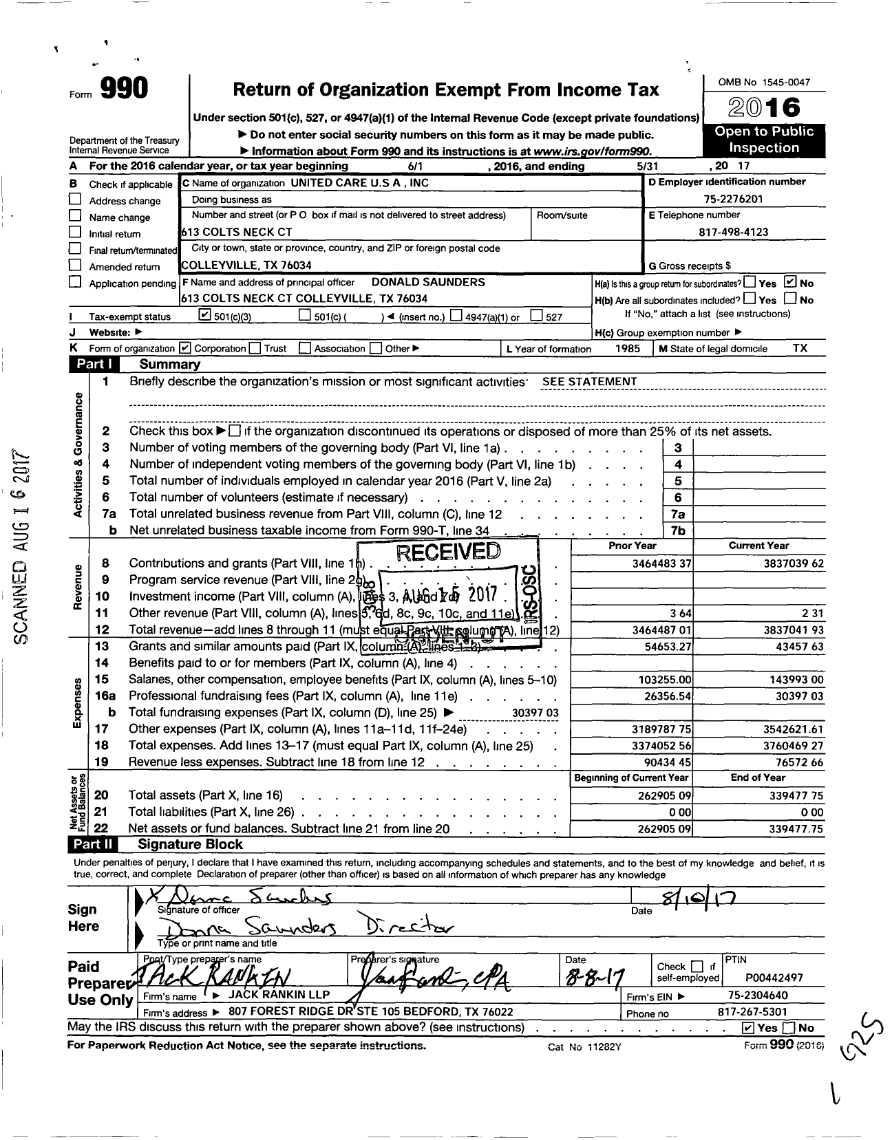 Image of first page of 2016 Form 990 for United Care USA
