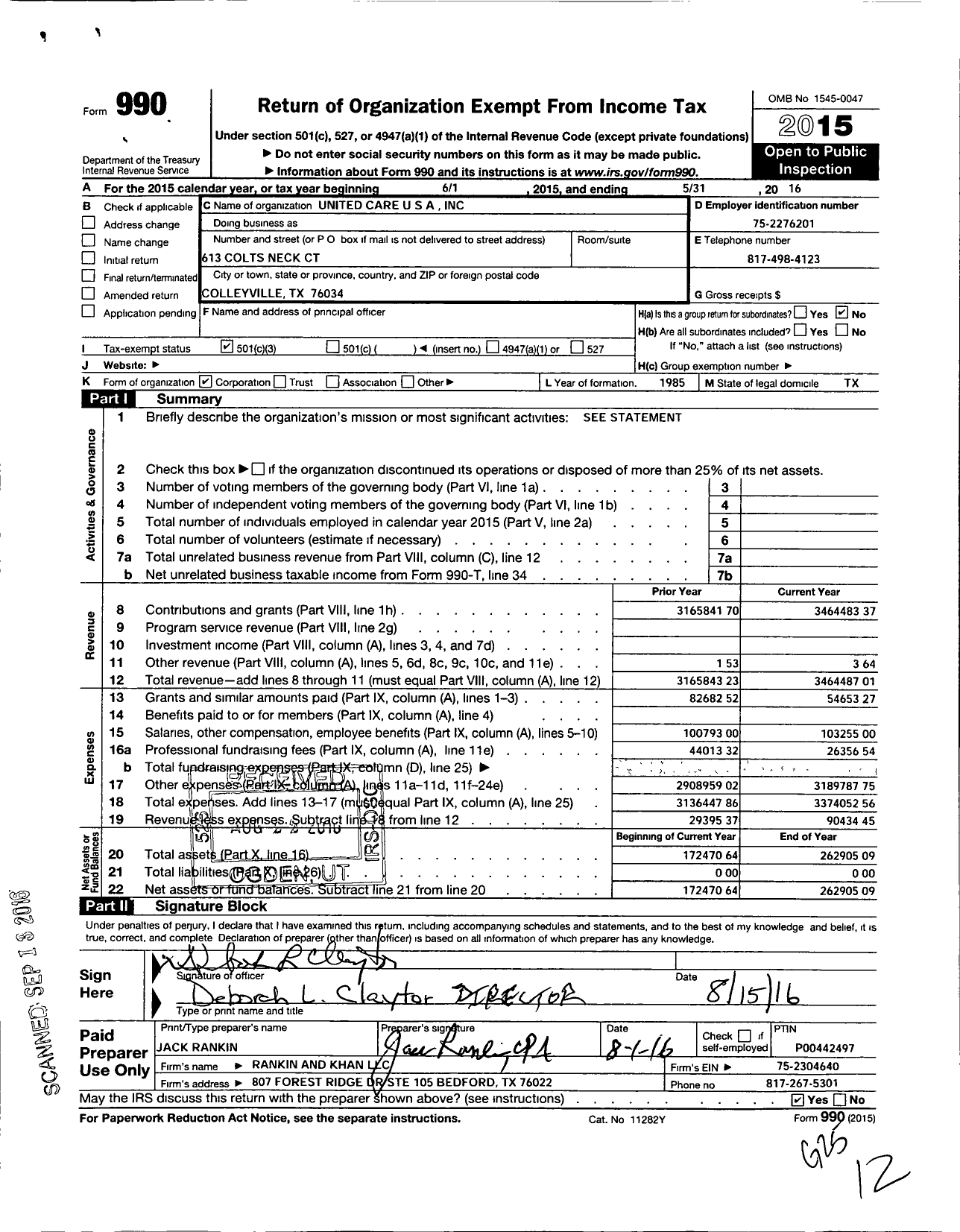 Image of first page of 2015 Form 990 for United Care USA
