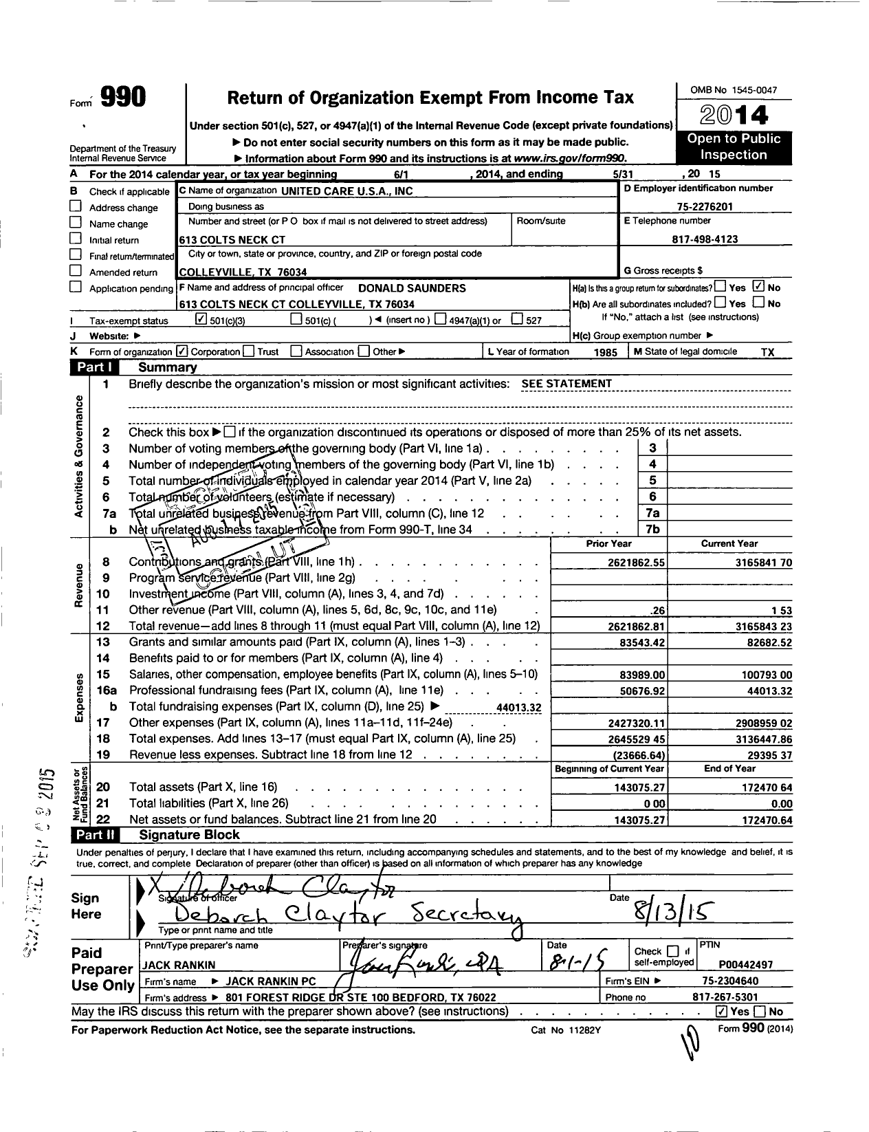 Image of first page of 2014 Form 990 for United Care USA