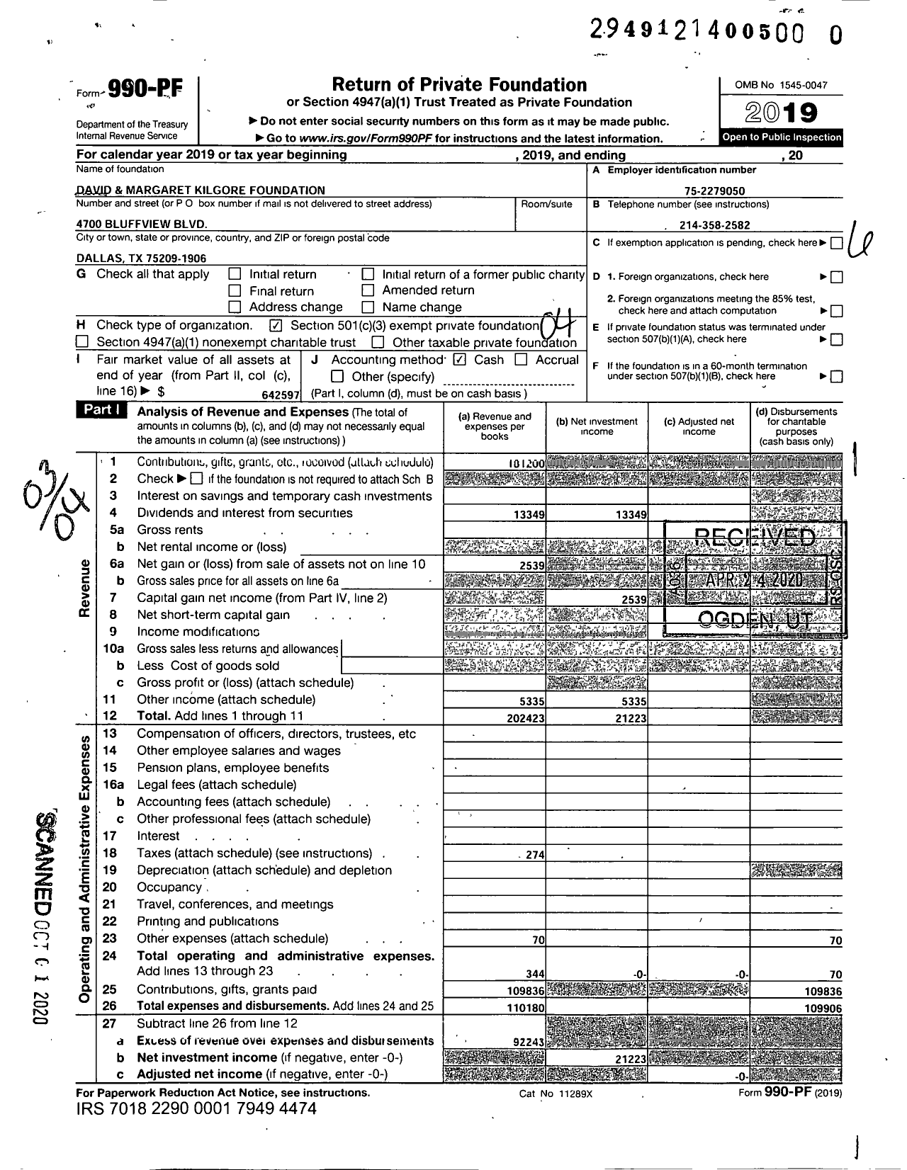 Image of first page of 2019 Form 990PR for David and Margaret Kilgore Foundation
