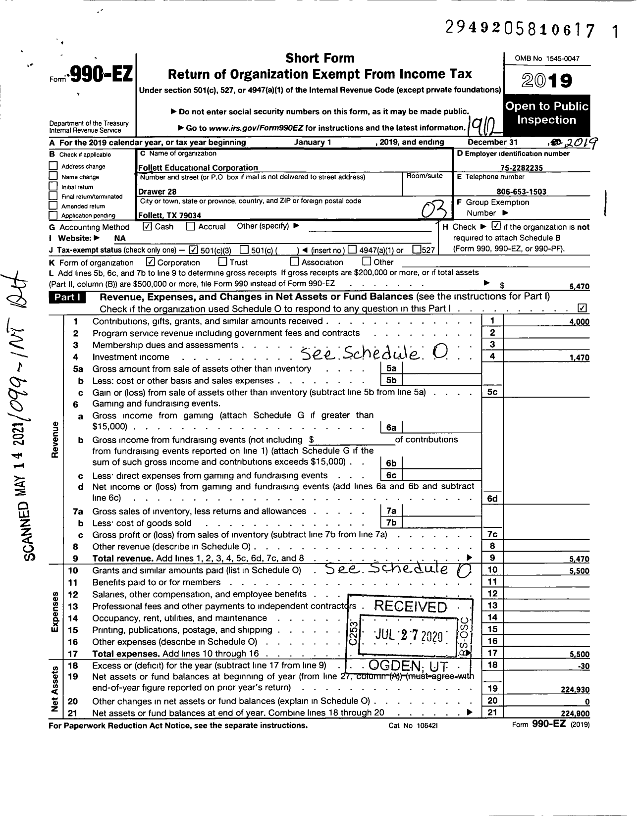 Image of first page of 2019 Form 990EZ for Follett Educational Corporation E Ivanhoe St