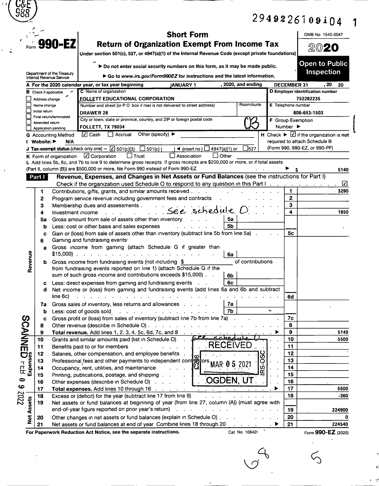 Image of first page of 2020 Form 990EZ for Follett Educational Corporation E Ivanhoe St