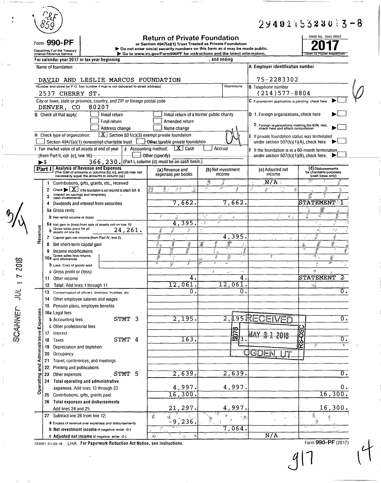 Image of first page of 2017 Form 990PF for David and Leslie Marcus Foundation