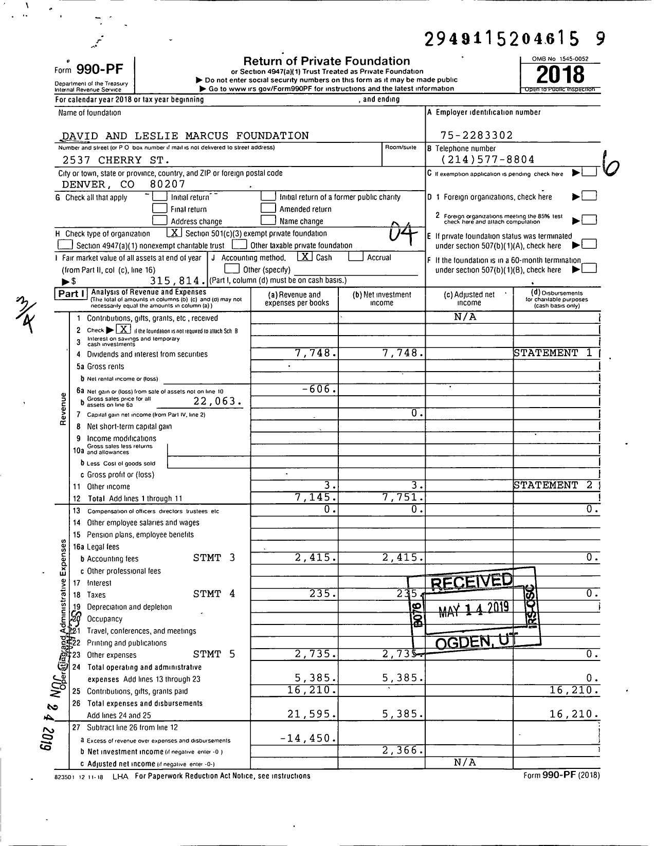 Image of first page of 2018 Form 990PF for David and Leslie Marcus Foundation