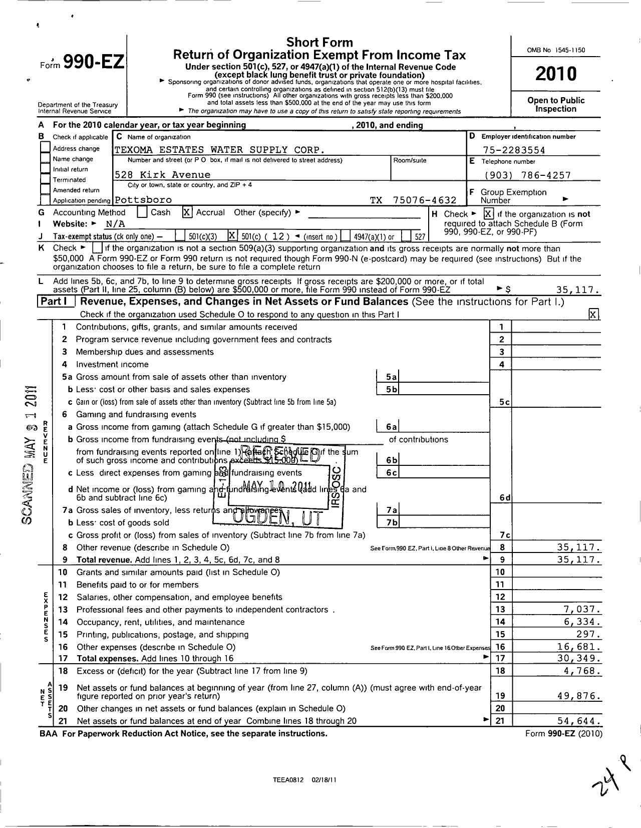 Image of first page of 2010 Form 990EO for Texoma Estates Water Supply Corporation