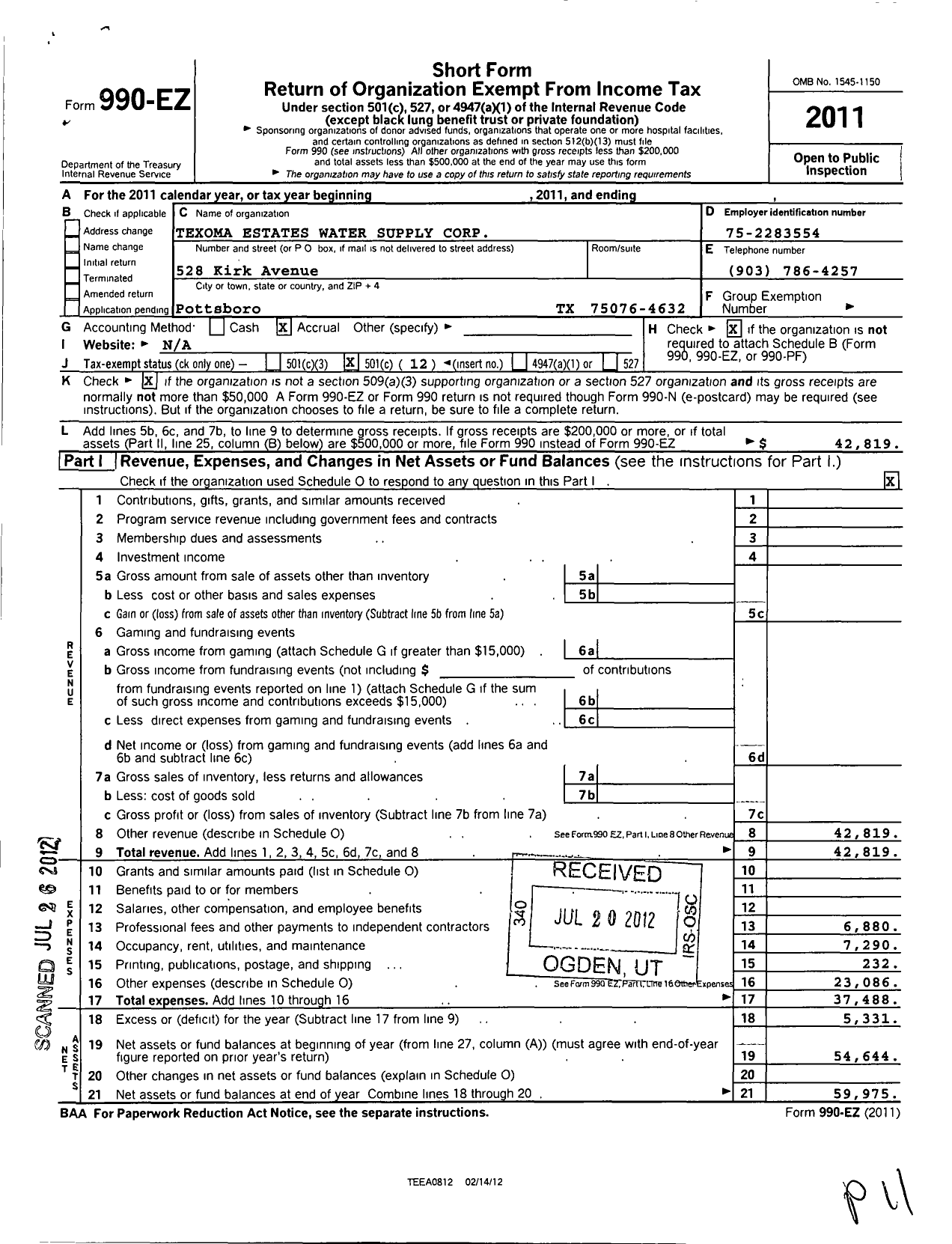 Image of first page of 2011 Form 990EO for Texoma Estates Water Supply Corporation