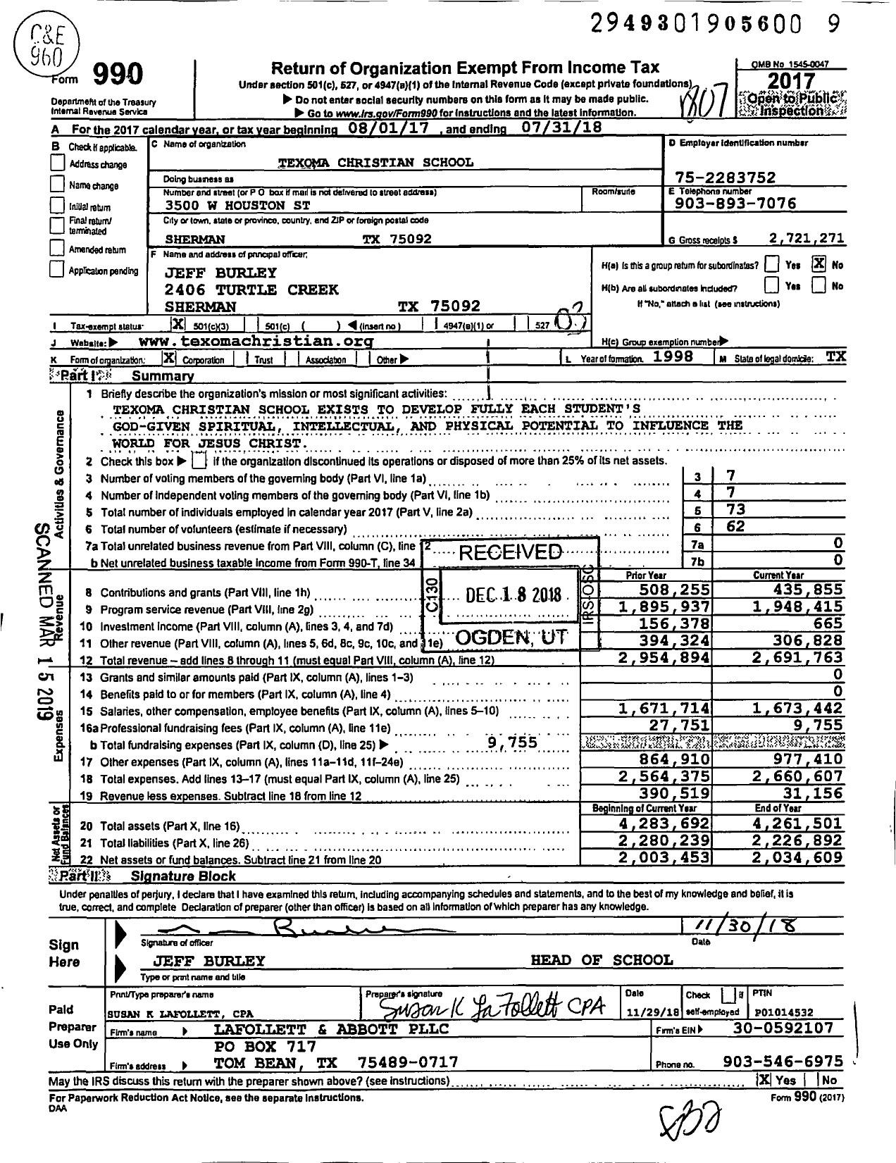 Image of first page of 2017 Form 990 for Texoma Christian School