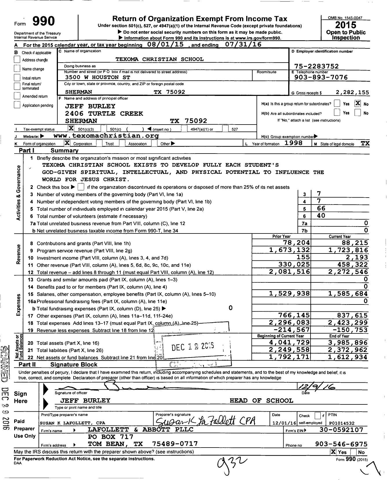 Image of first page of 2015 Form 990 for Texoma Christian School