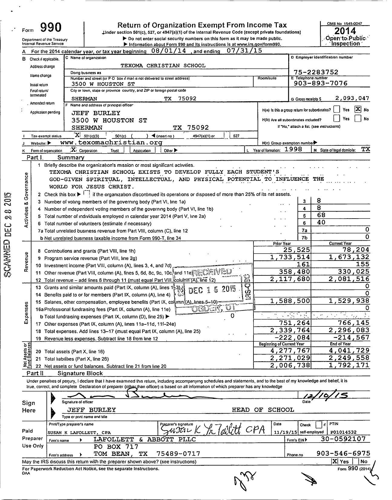 Image of first page of 2014 Form 990 for Texoma Christian School