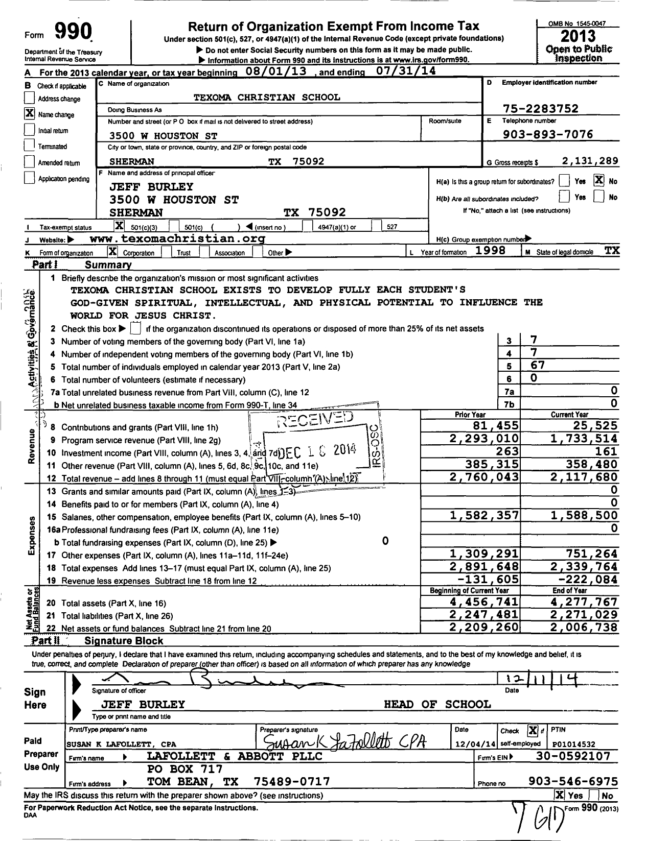 Image of first page of 2013 Form 990 for Texoma Christian School