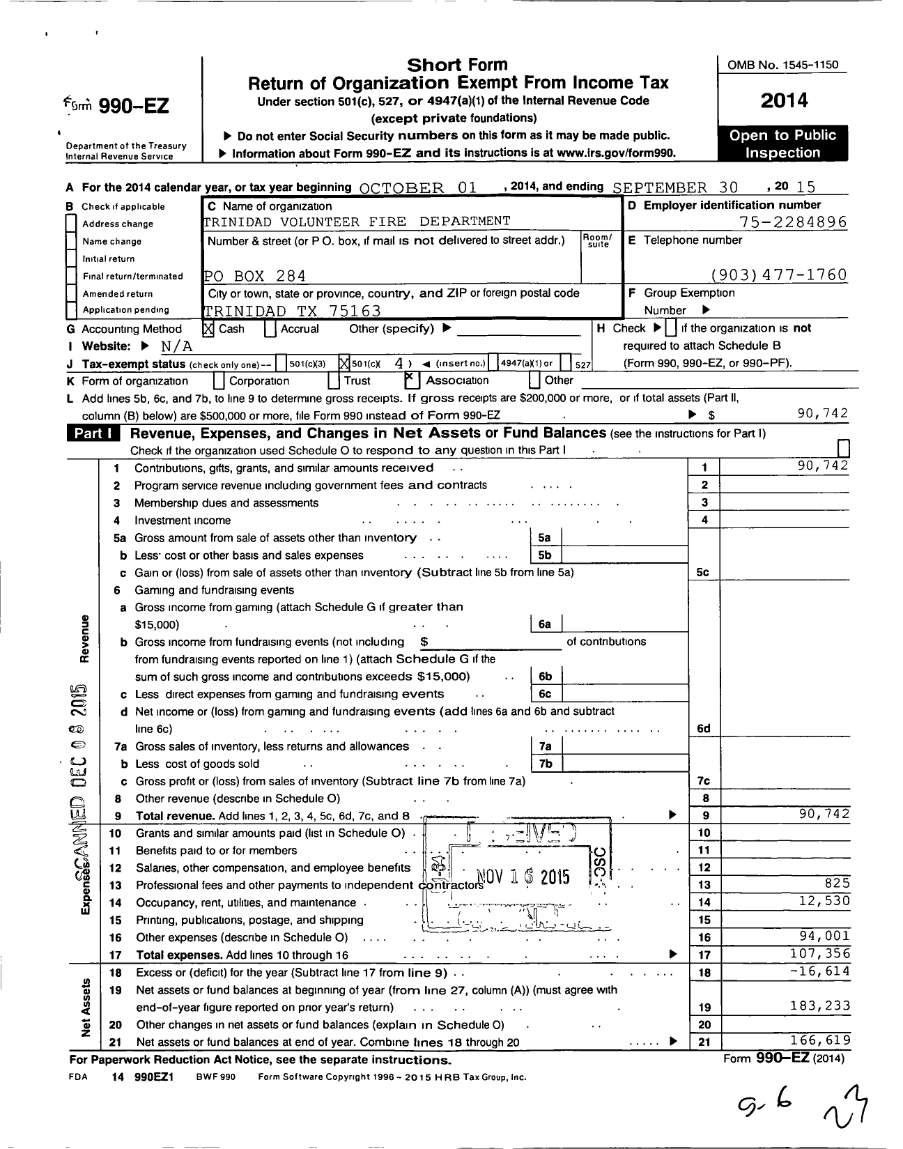 Image of first page of 2014 Form 990EO for Trinidad Volunteer Fire Department