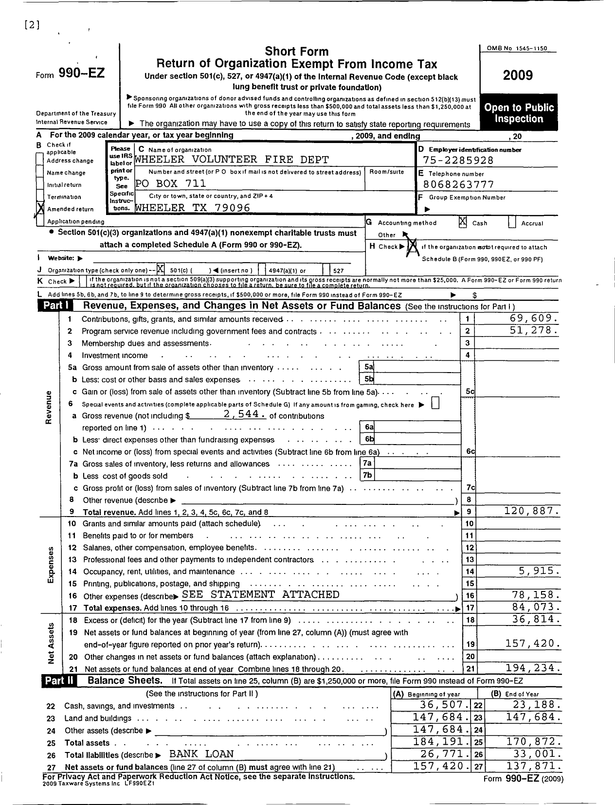 Image of first page of 2009 Form 990EOR for Wheeler Volunteer Fire Department