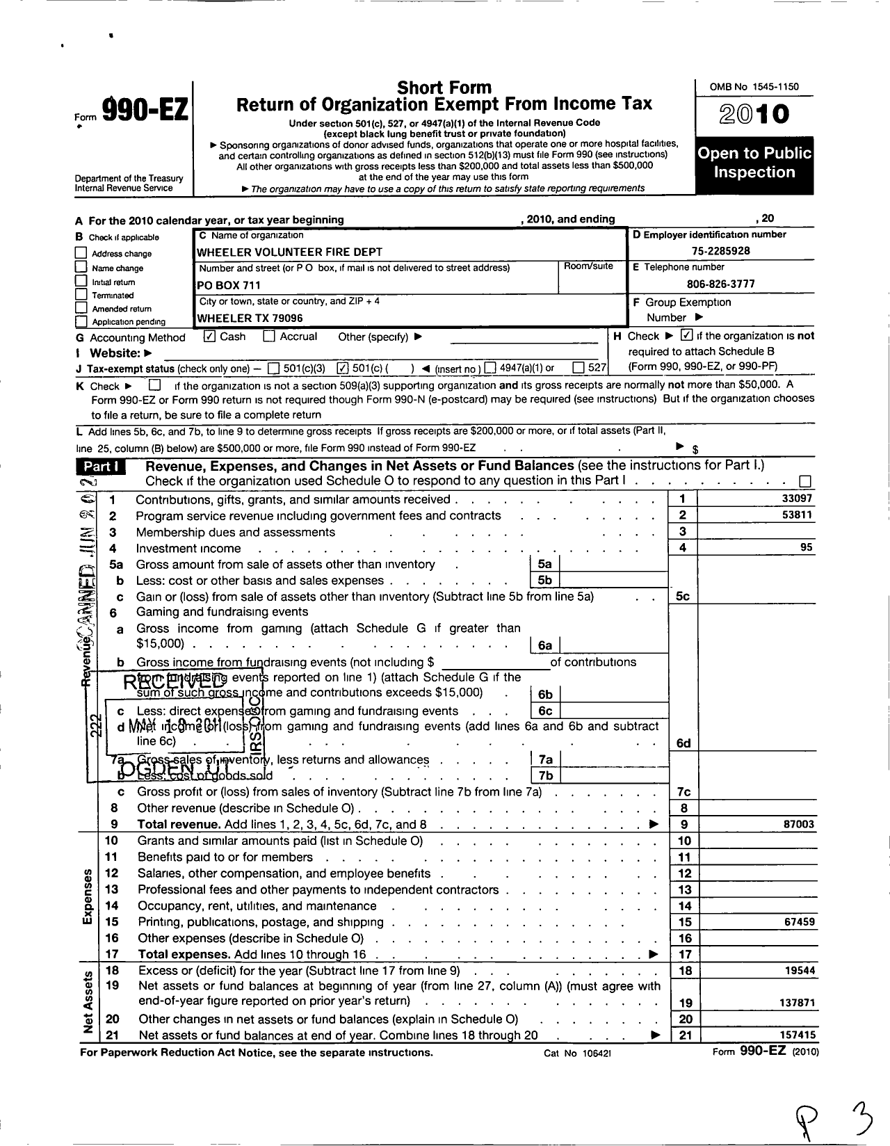 Image of first page of 2010 Form 990EO for Wheeler Volunteer Fire Department