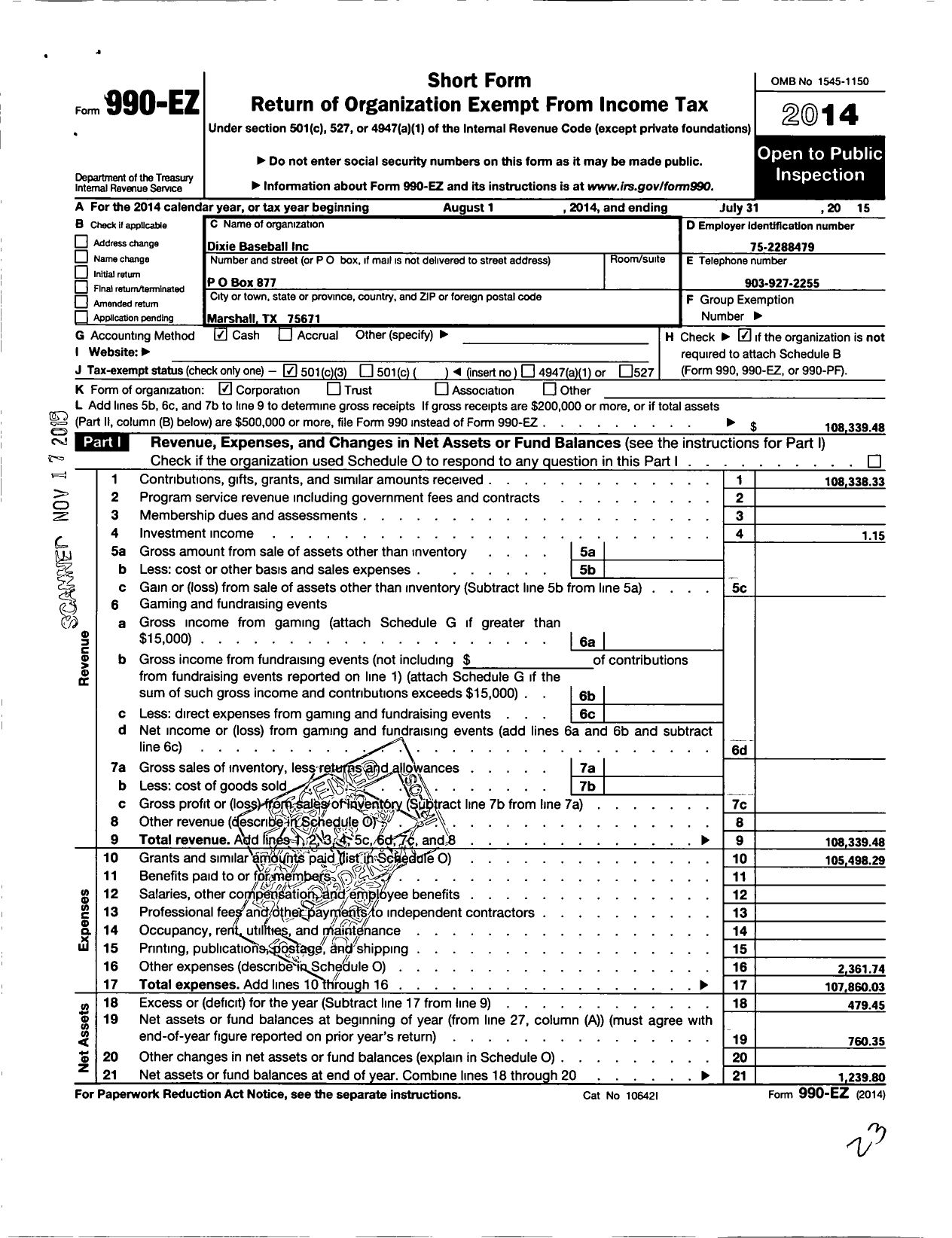 Image of first page of 2014 Form 990EZ for Dixie Baseball