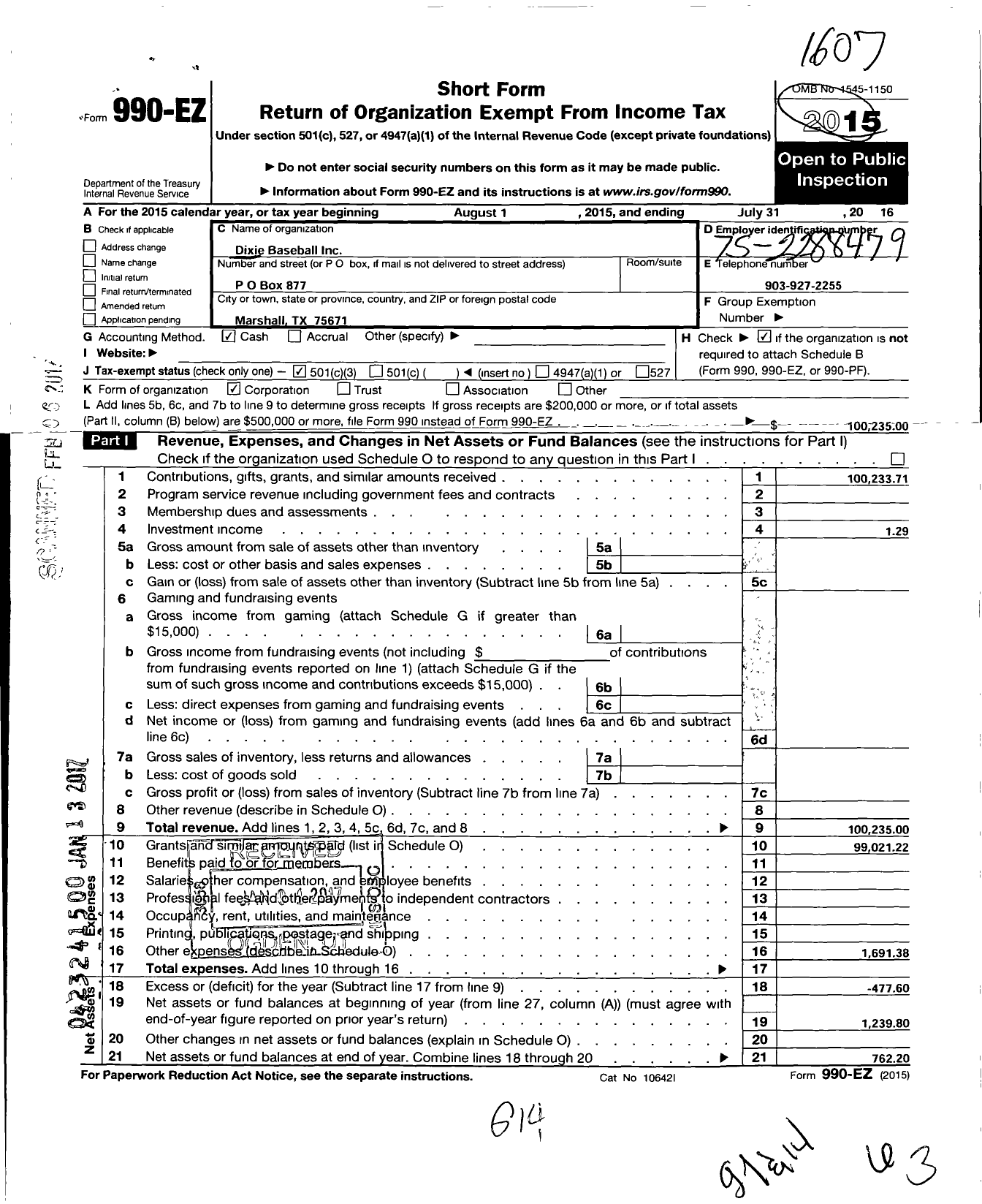 Image of first page of 2015 Form 990EZ for Dixie Baseball