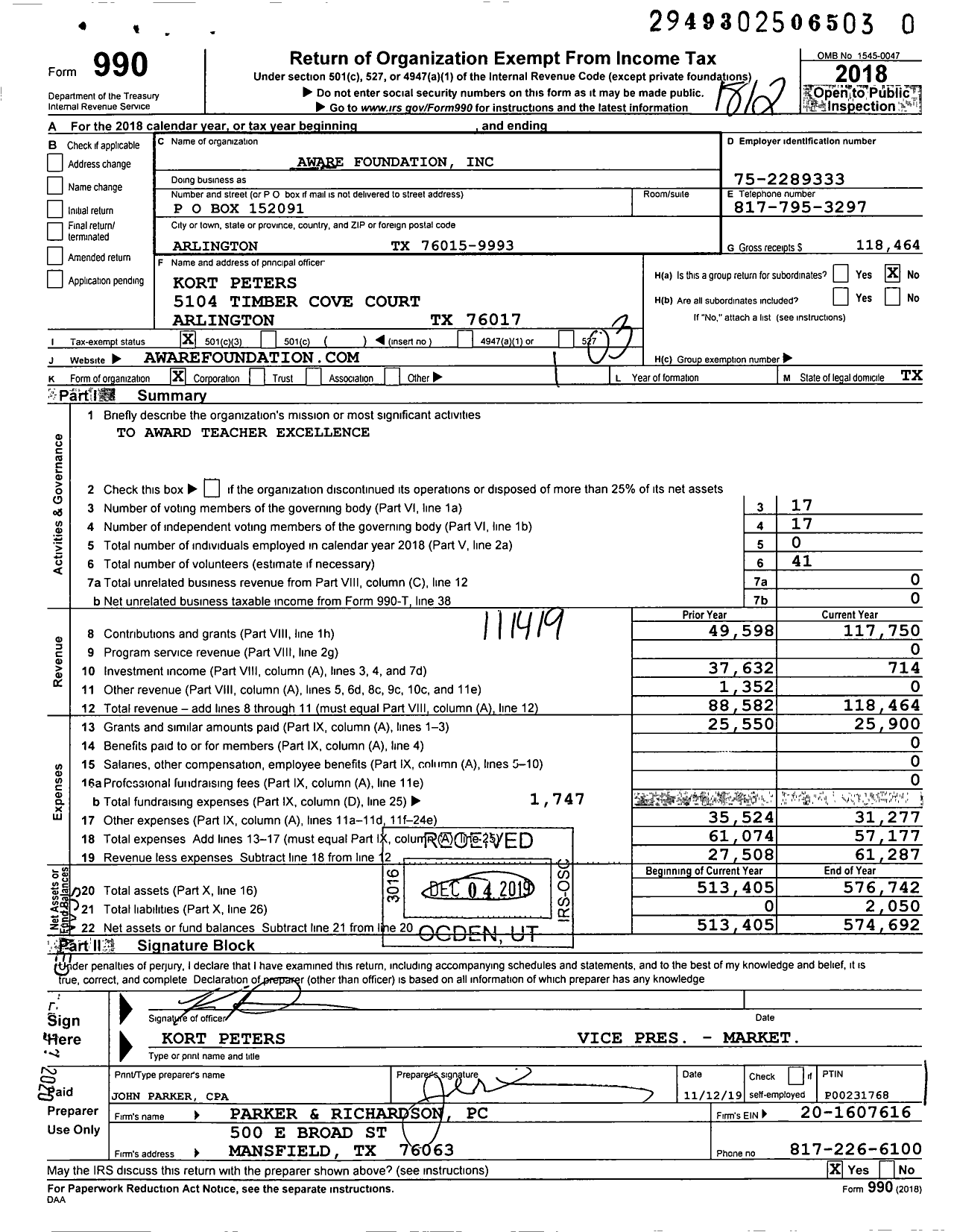 Image of first page of 2018 Form 990 for Aware Foundation