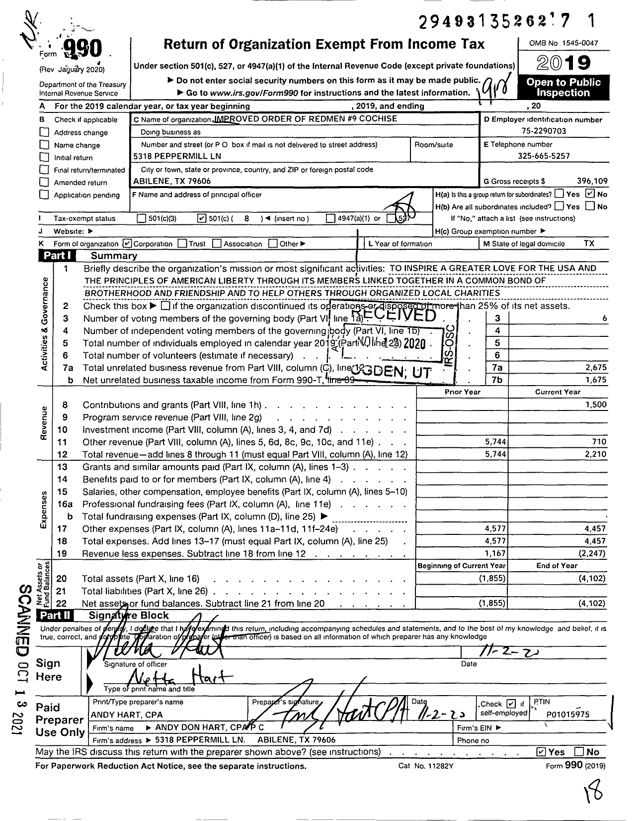 Image of first page of 2019 Form 990O for Improved Order of Red Men of Texas - 9 Cochise Council