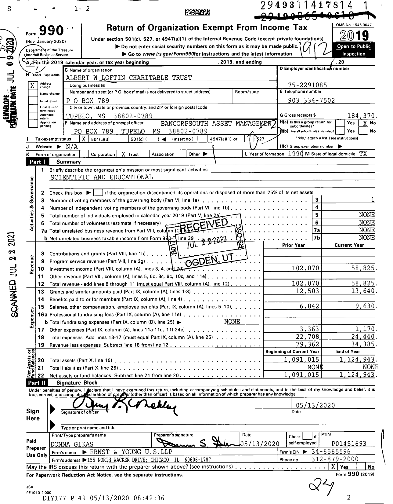 Image of first page of 2019 Form 990 for Albert W Loftin Charitable Trust