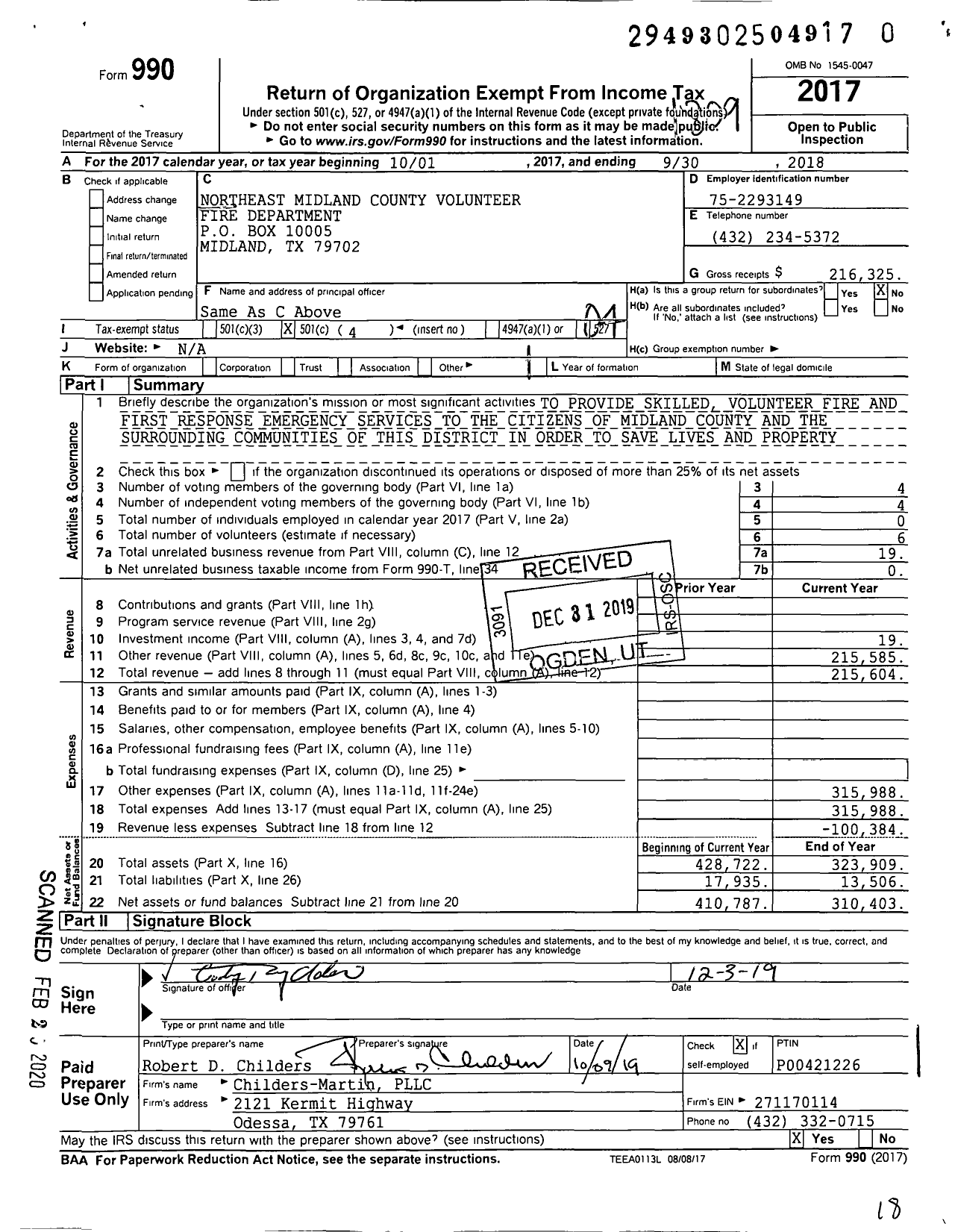 Image of first page of 2017 Form 990O for Northeast Midland County Fire Department