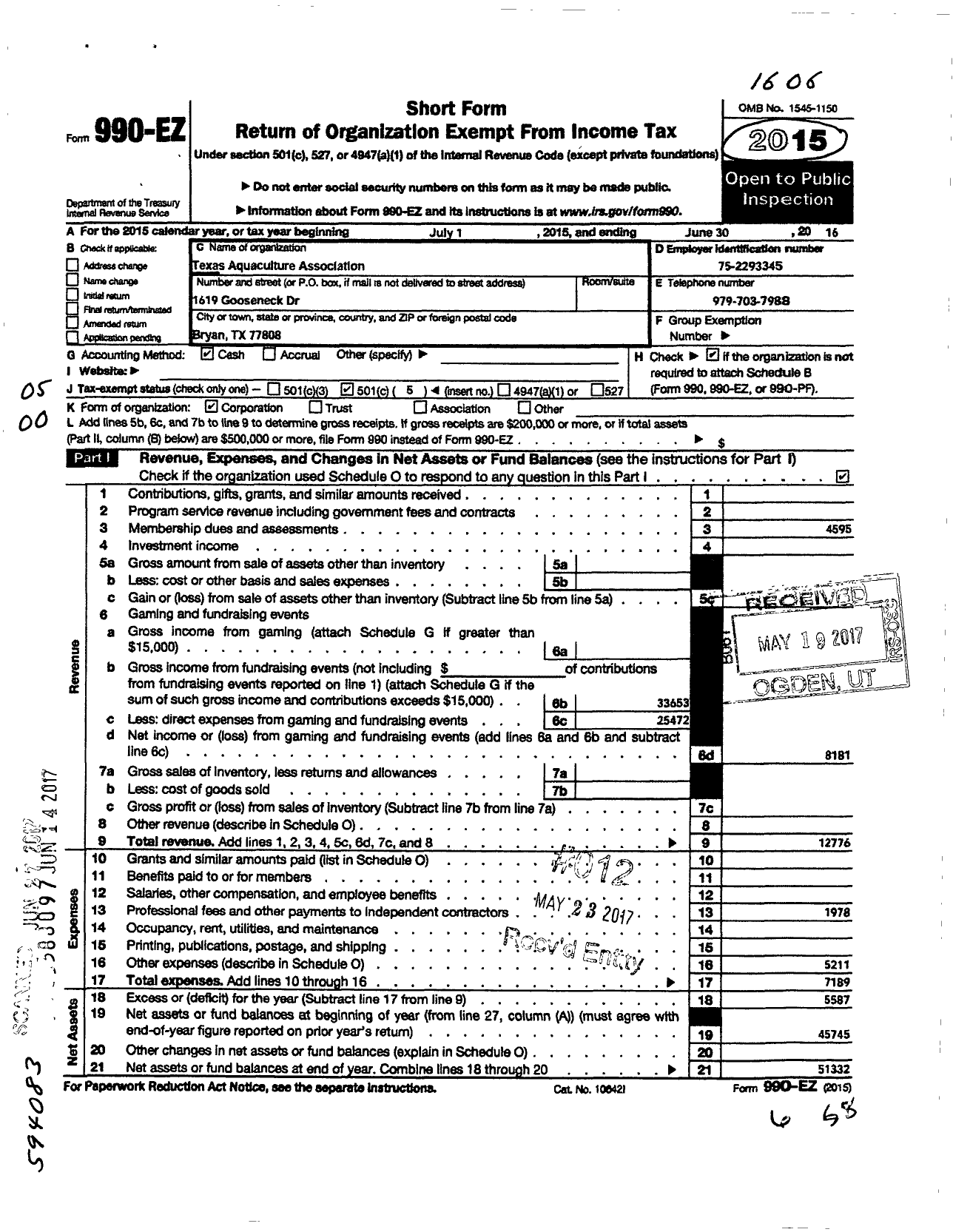 Image of first page of 2015 Form 990EO for Texas Aquaculture Association