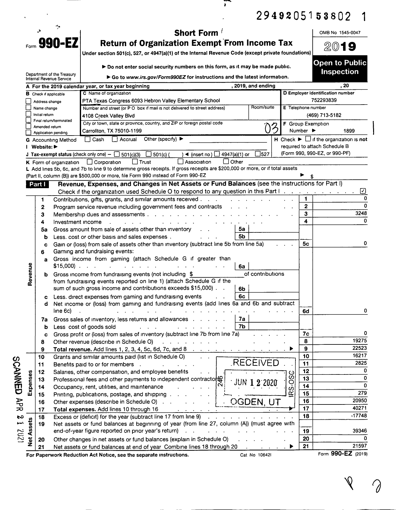 Image of first page of 2019 Form 990EZ for Texas PTA - 6093 Hebron Valley Elementary