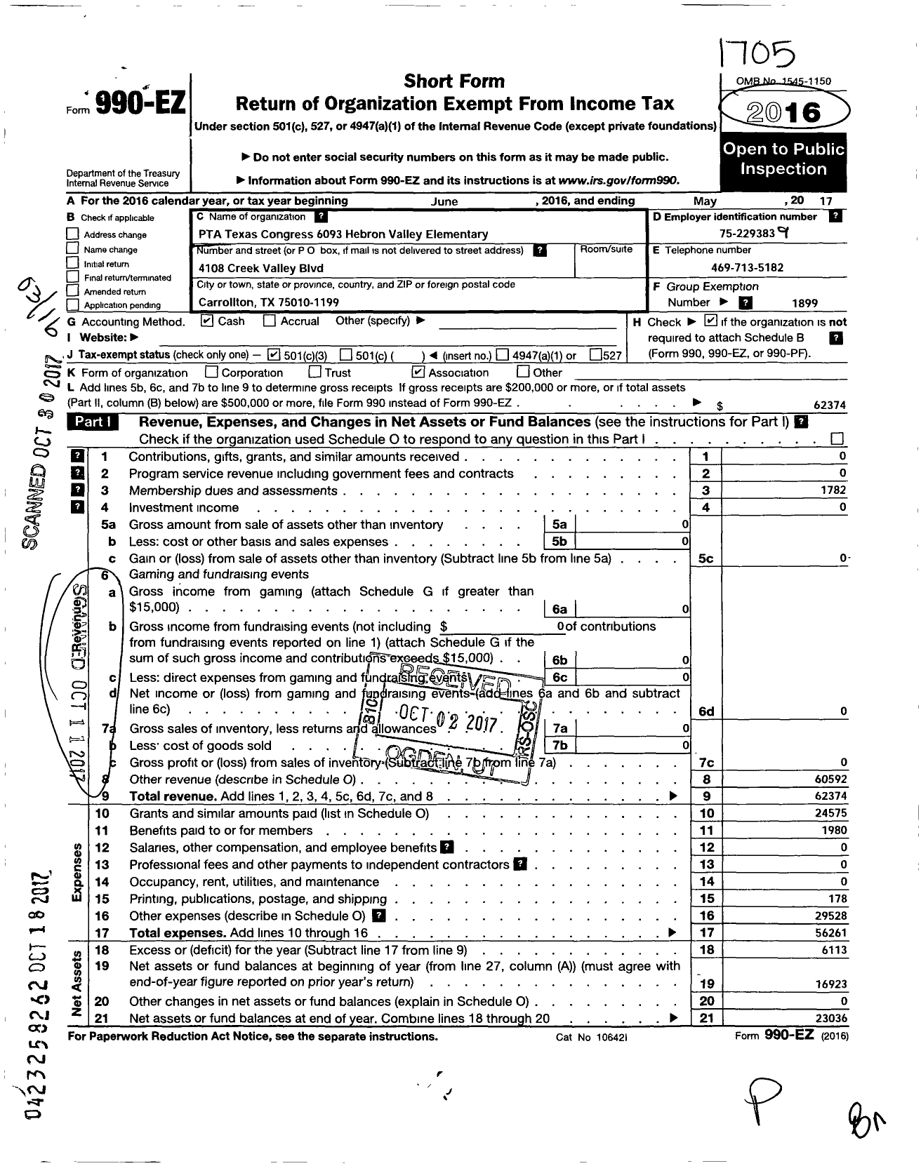 Image of first page of 2016 Form 990EZ for Texas PTA - 6093 Hebron Valley Elementary