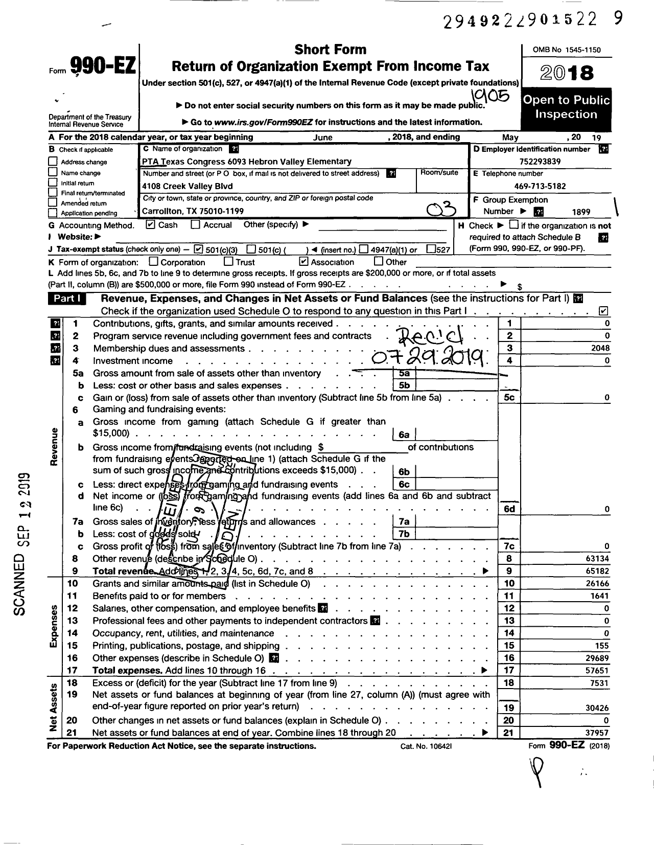 Image of first page of 2018 Form 990EZ for Texas PTA - 6093 Hebron Valley Elementary