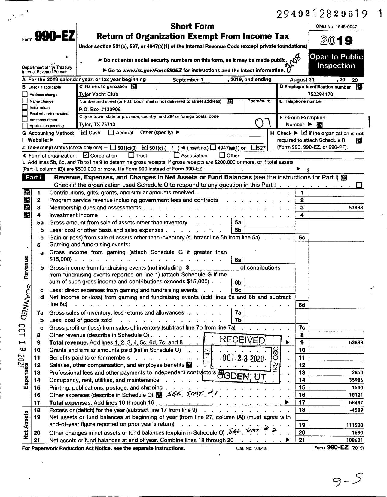 Image of first page of 2019 Form 990EO for Tyler Yacht Club