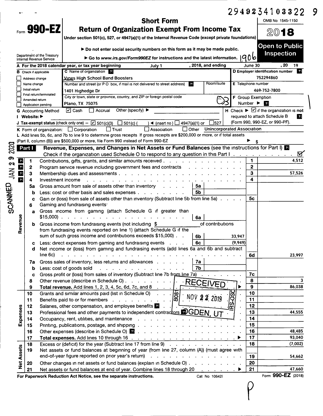 Image of first page of 2018 Form 990EZ for Vines High School Band Boosters Organization