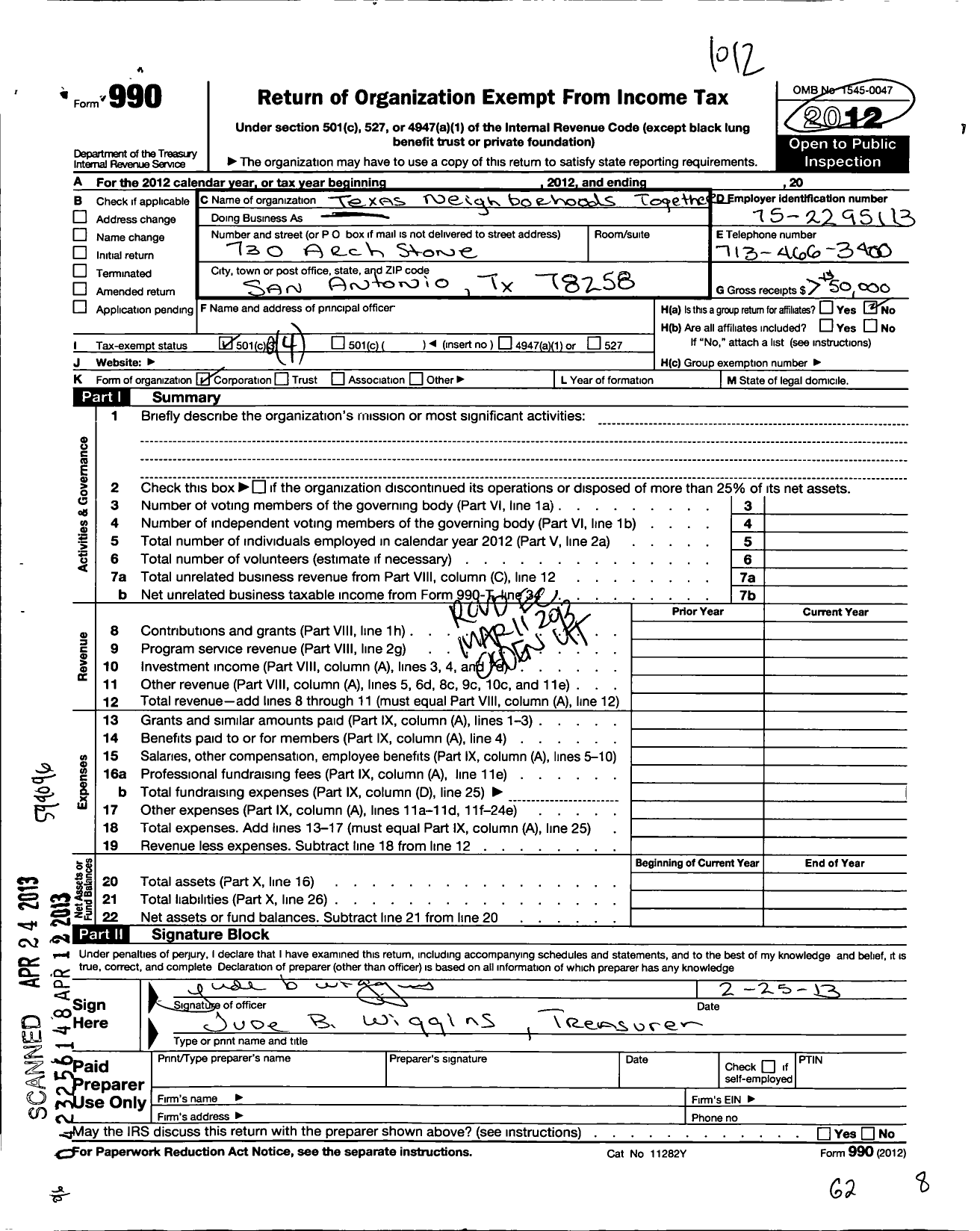 Image of first page of 2010 Form 990O for Texas Neighborhoods Together