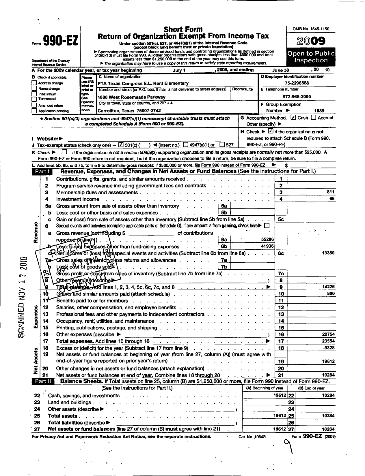 Image of first page of 2009 Form 990EO for Texas PTA - 1447 E L Kent Elementary