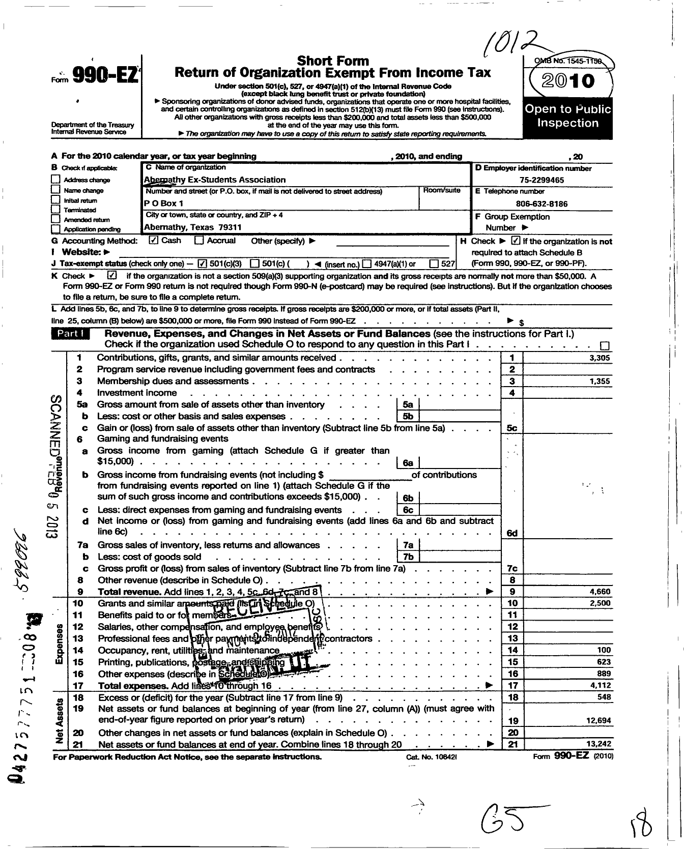 Image of first page of 2010 Form 990EZ for Abernathy Ex-Students Association