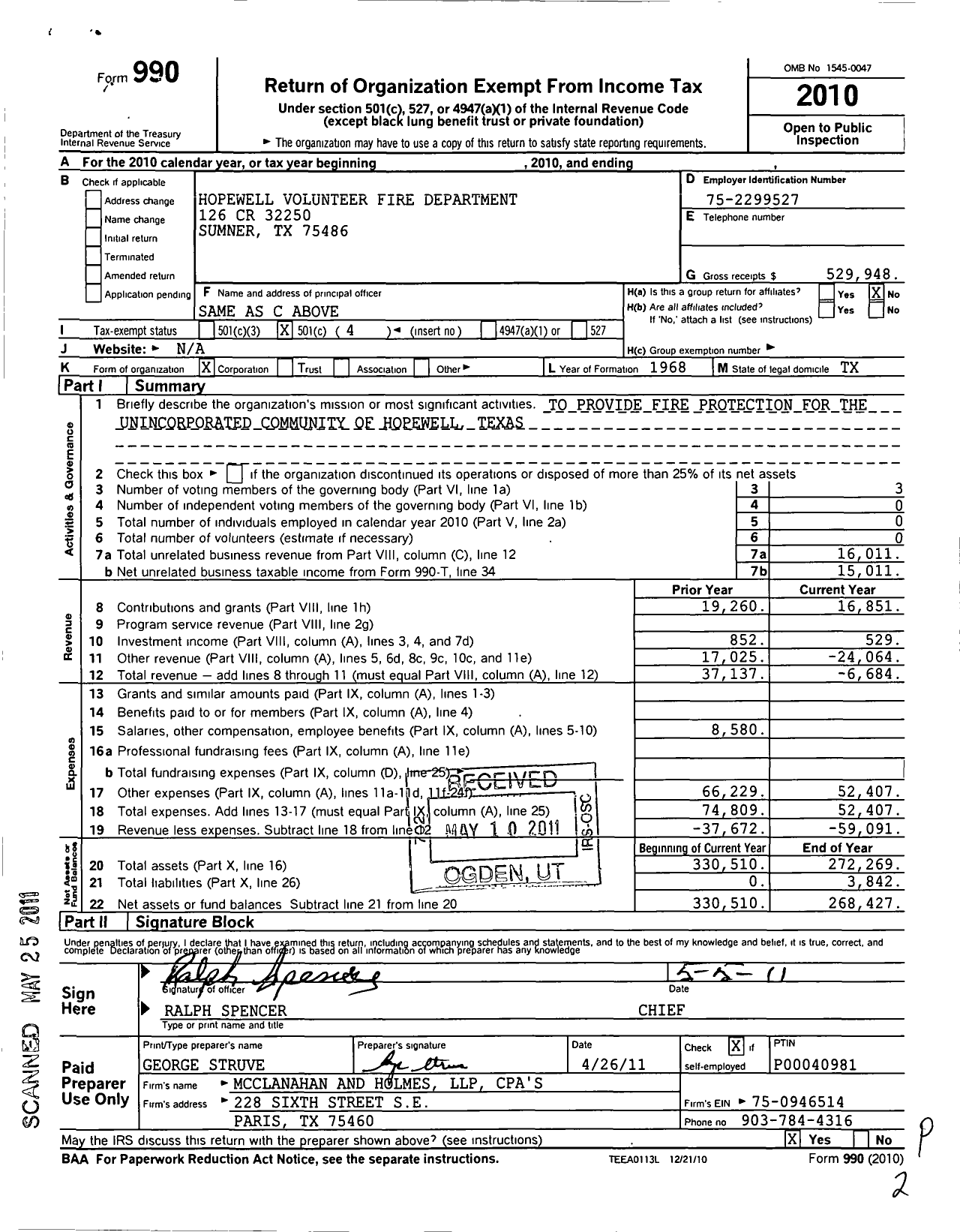 Image of first page of 2010 Form 990O for Hopewell Volunteer Fire Department