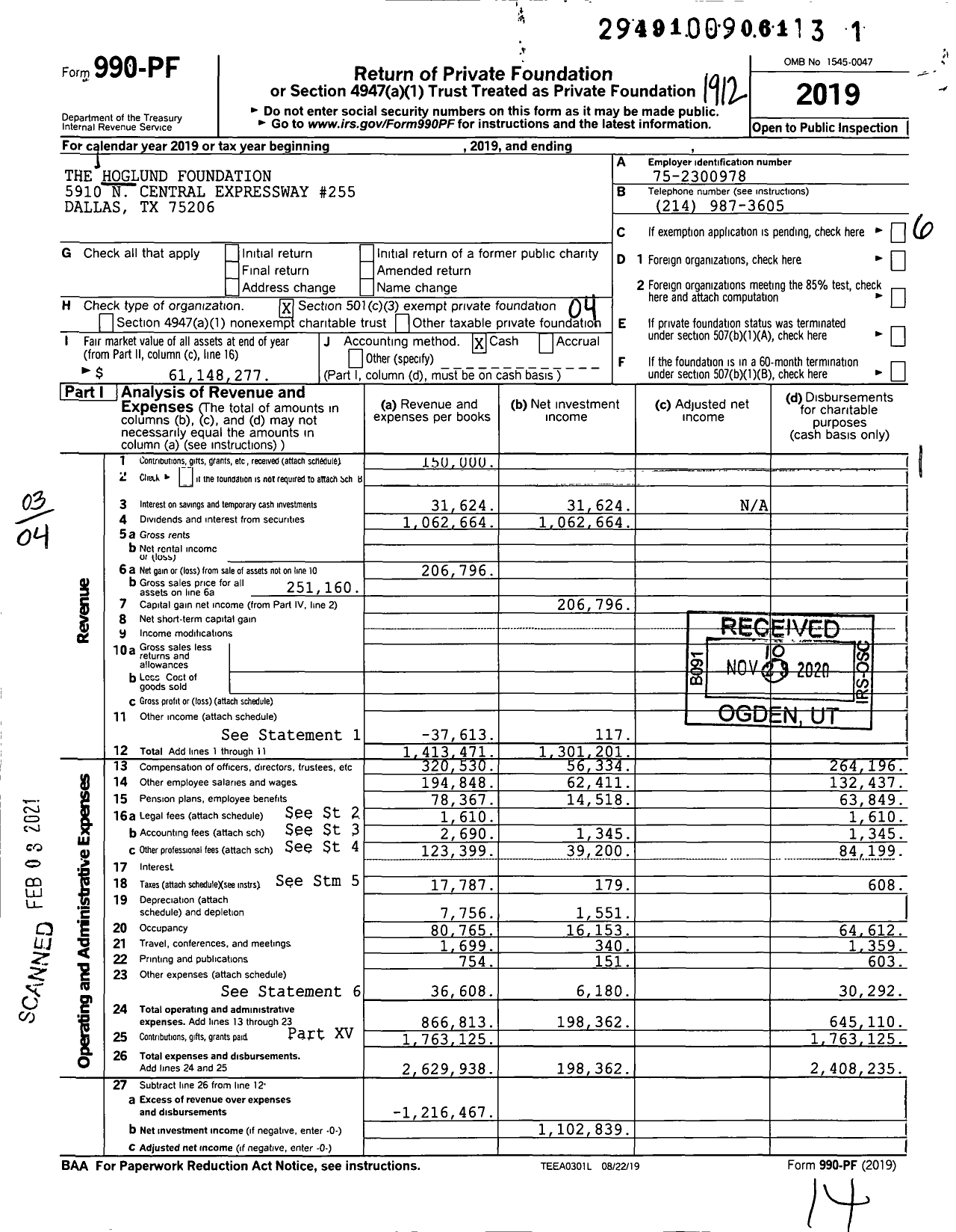 Image of first page of 2019 Form 990PF for The Hoglund Foundation